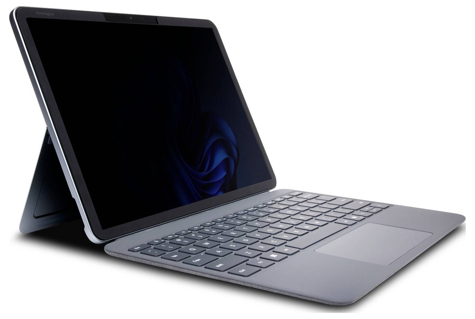 Hybridní 2-v-1 tablet-notebook s odnímatelnskou klávesnicí a stojánkem, zobrazený v otevřeném stavu v režimu stanu na bílém pozadí.
