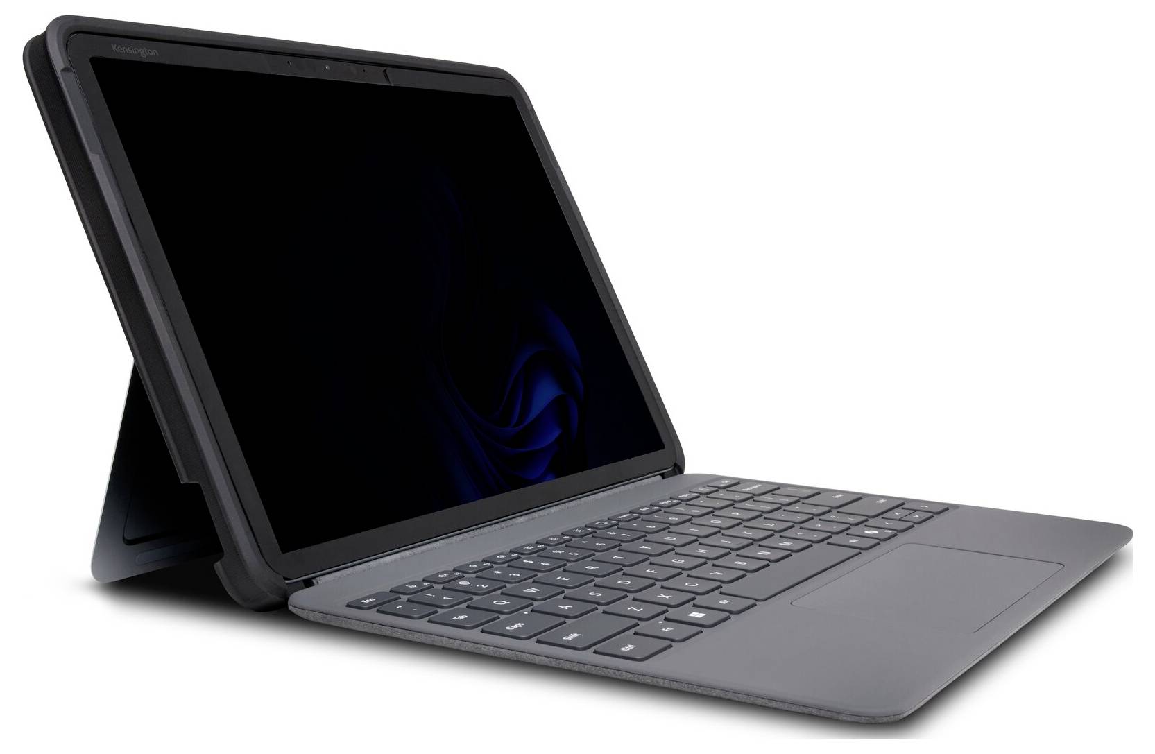 Elegantní, moderní tablet s připojenou klávesnicí, otevřený v úhlu, zobrazený na jednoduchém pozadí.