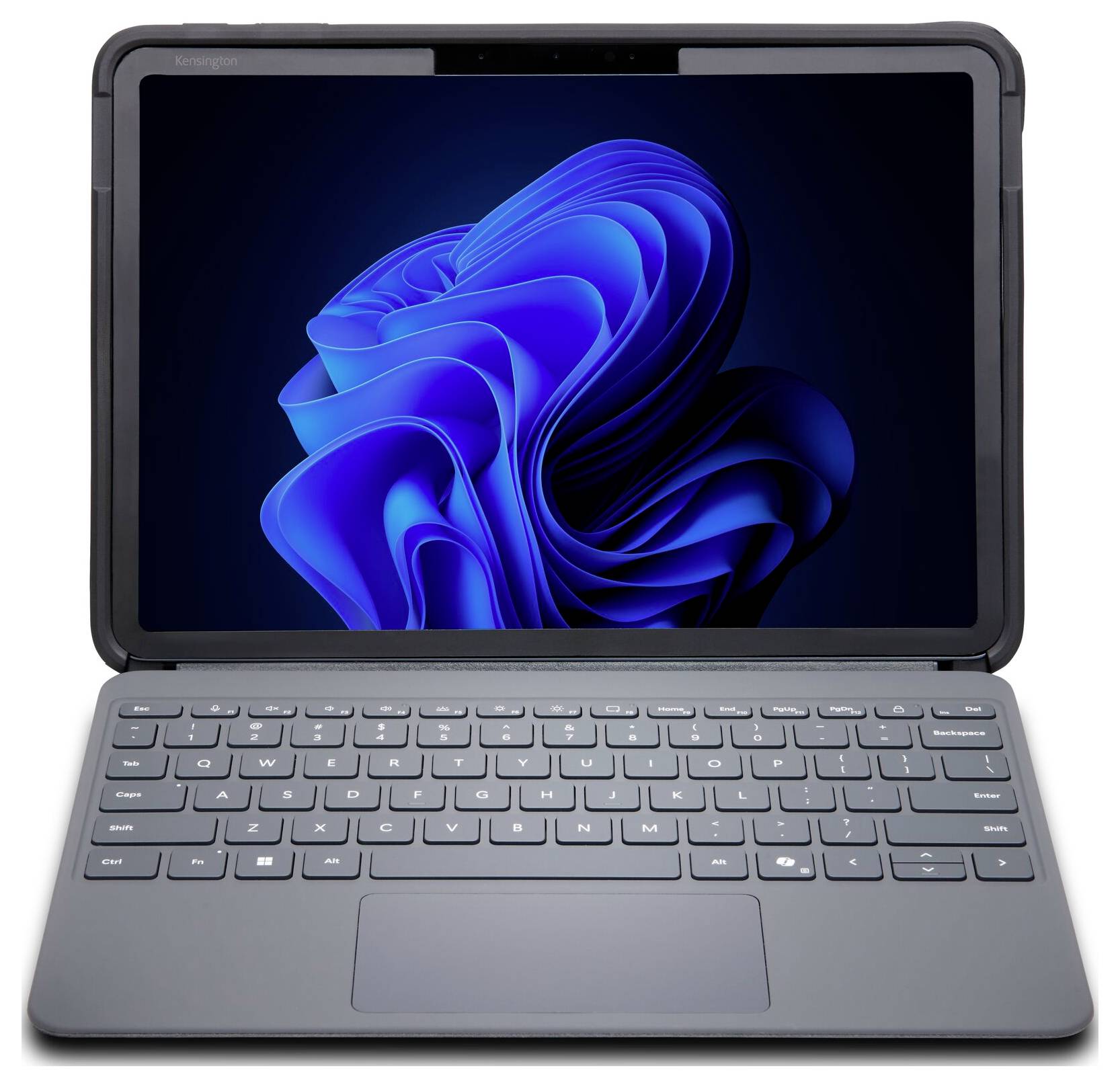 Tablet v šedém pouzdru klávesnice zobrazující modrý vír pozadí Windows 11.