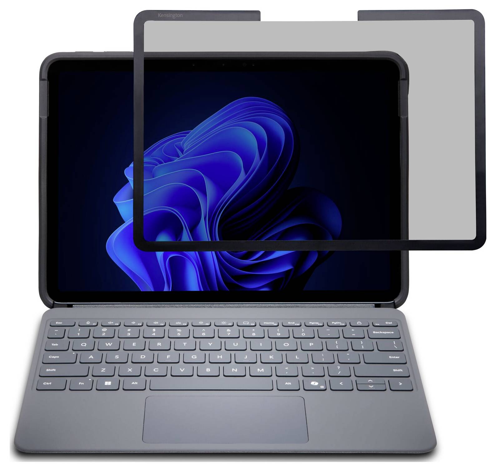Tablet s obalem klávesnice a částečně nainstalovaným filtrem ochrany soukromí, na kterém se zobrazuje modrý abstraktní design na obrazovce.
