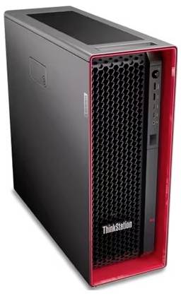 Černo-červená počítačová skříň označená „ThinkStation" s porty umístěnými na přední straně a perforovaným designem pro větrání.
