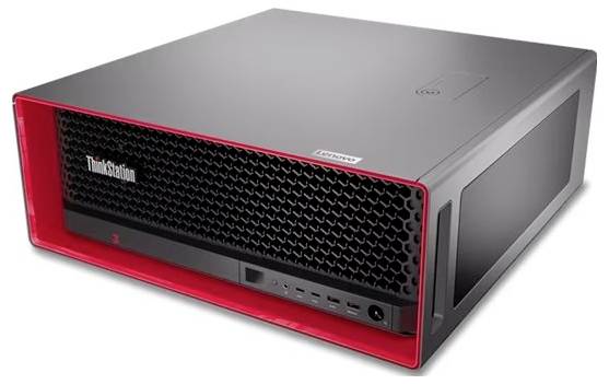 Černobílý a červený stolní počítač značky "ThinkStation" s různými porty na přední straně.