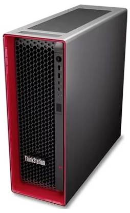 Černobílý věžový počítač s označením "ThinkStation" na přední desce, určený pro vysoce výkonné úlohy a profesionální použití.