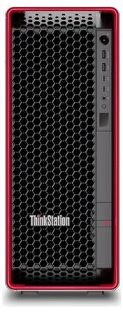 Červená a černá počítačová věž Lenovo ThinkStation s medovinkovou přední mřížkou. Na pravé straně jsou viditelné porty a tlačítko napájení.