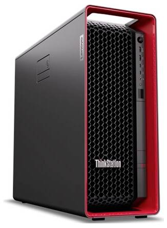 Černobílá stolní počítačová věž Lenovo ThinkStation s předním mřížkou se vzorem včelího plástve a více porty orientovanými vpřed.