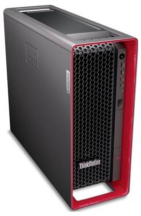 Černá a červená stolní věž s ventilací na předním panelu, označená „ThinkStation" a „Lenovo", která předvádí elegantní design.