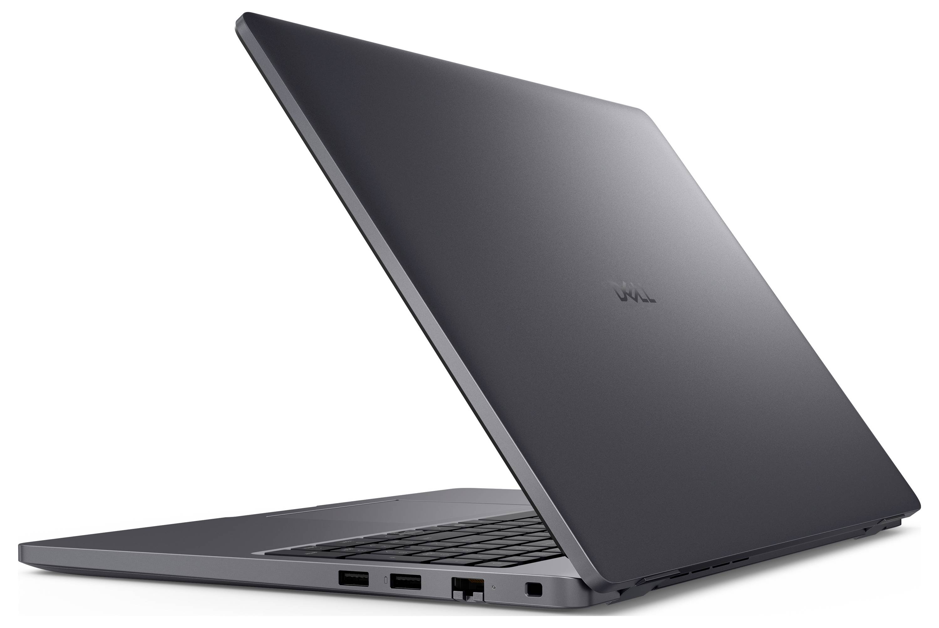 Otevřený tmavě šedý Dell notebook částečně zavřený na bílém pozadí.