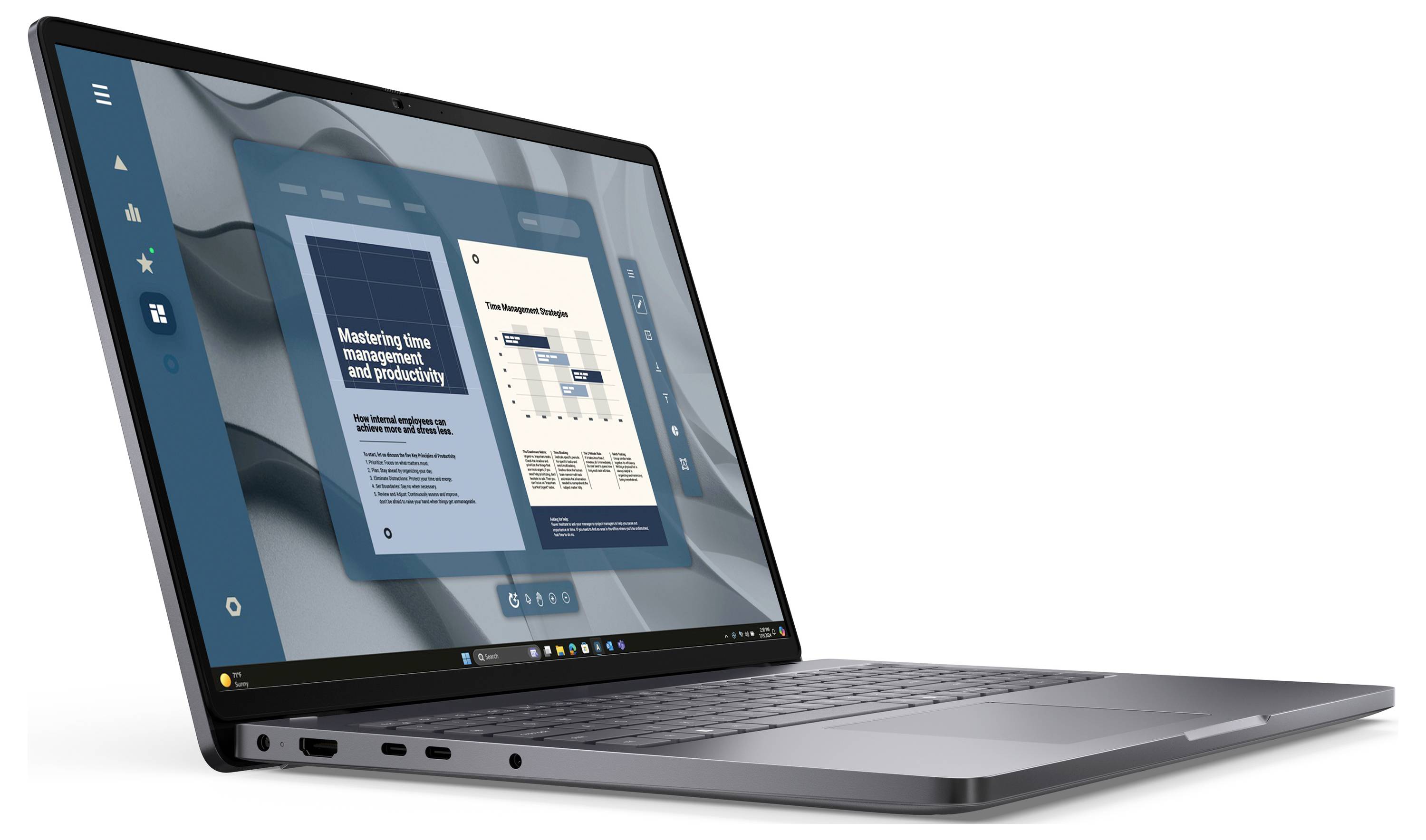 Štíhlý, otevřený notebook s prezentačním snímkem o řízení firmy a produktivitě. Na levém bočním panelu jsou viditelné ikony.