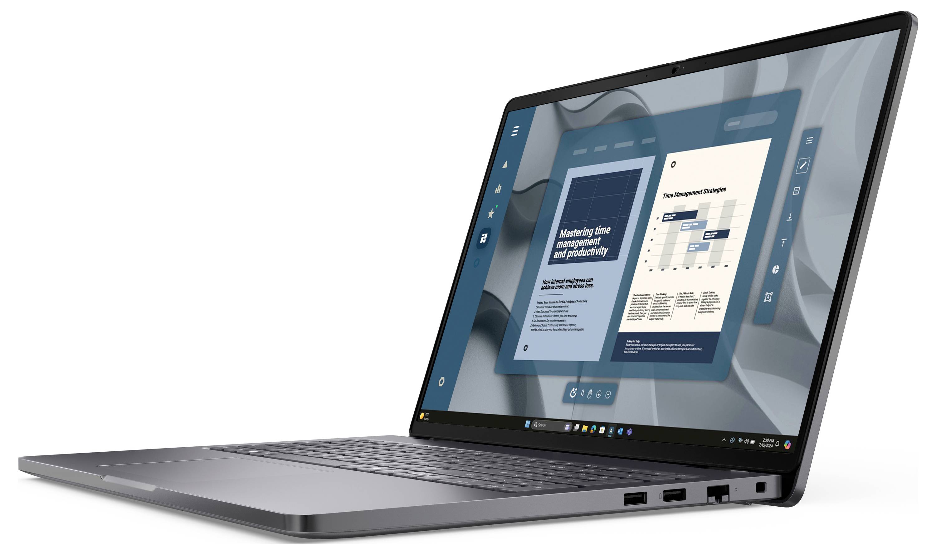 Laptop zobrazuje digitální dokument s názvem "Měření vnímání času a produktivity" s textem a sloupcovým grafem.