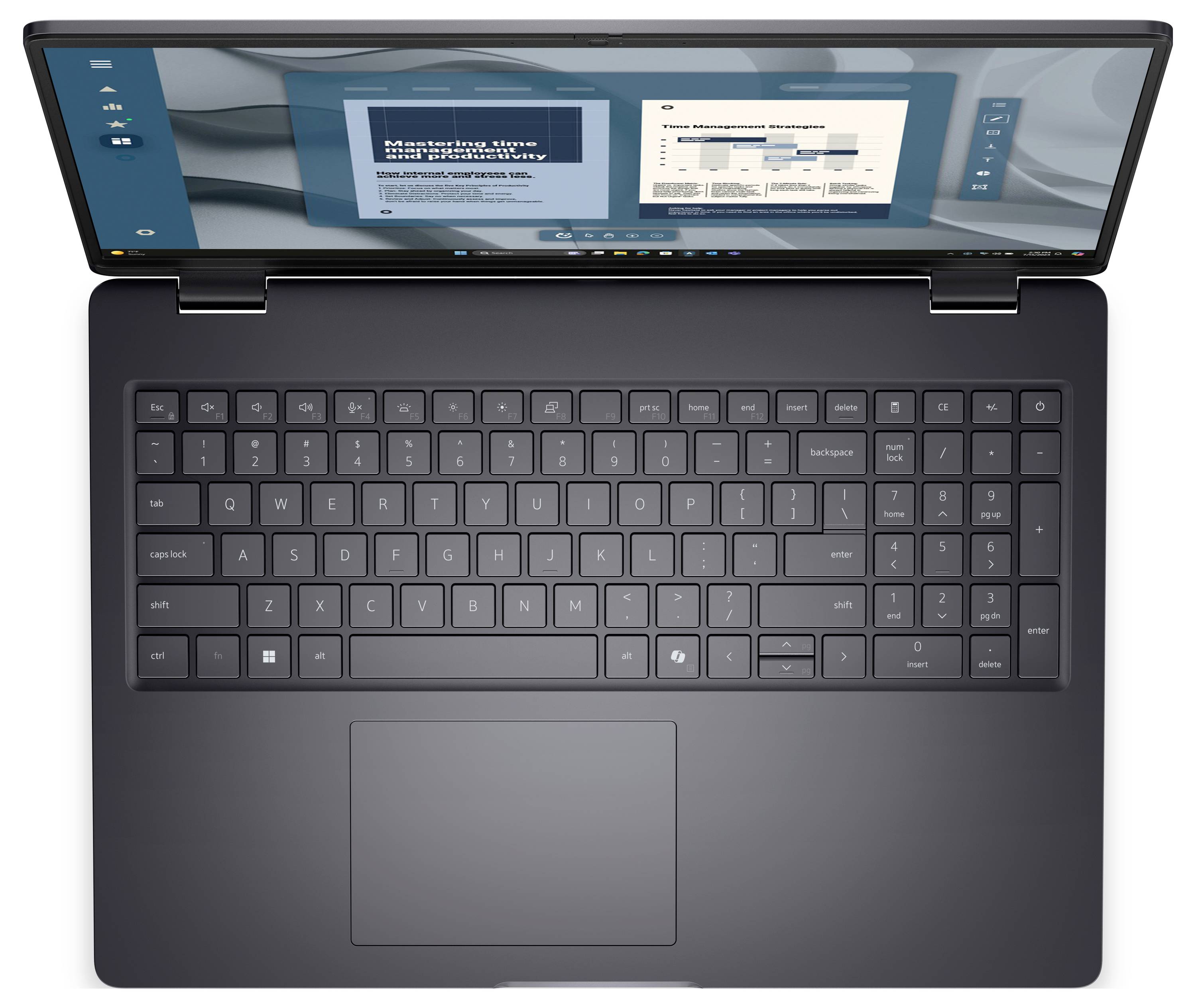 Notebook zobrazující snímek prezentace a graf, pohled shora. Jsou viditelné klávesnice a touchpad.