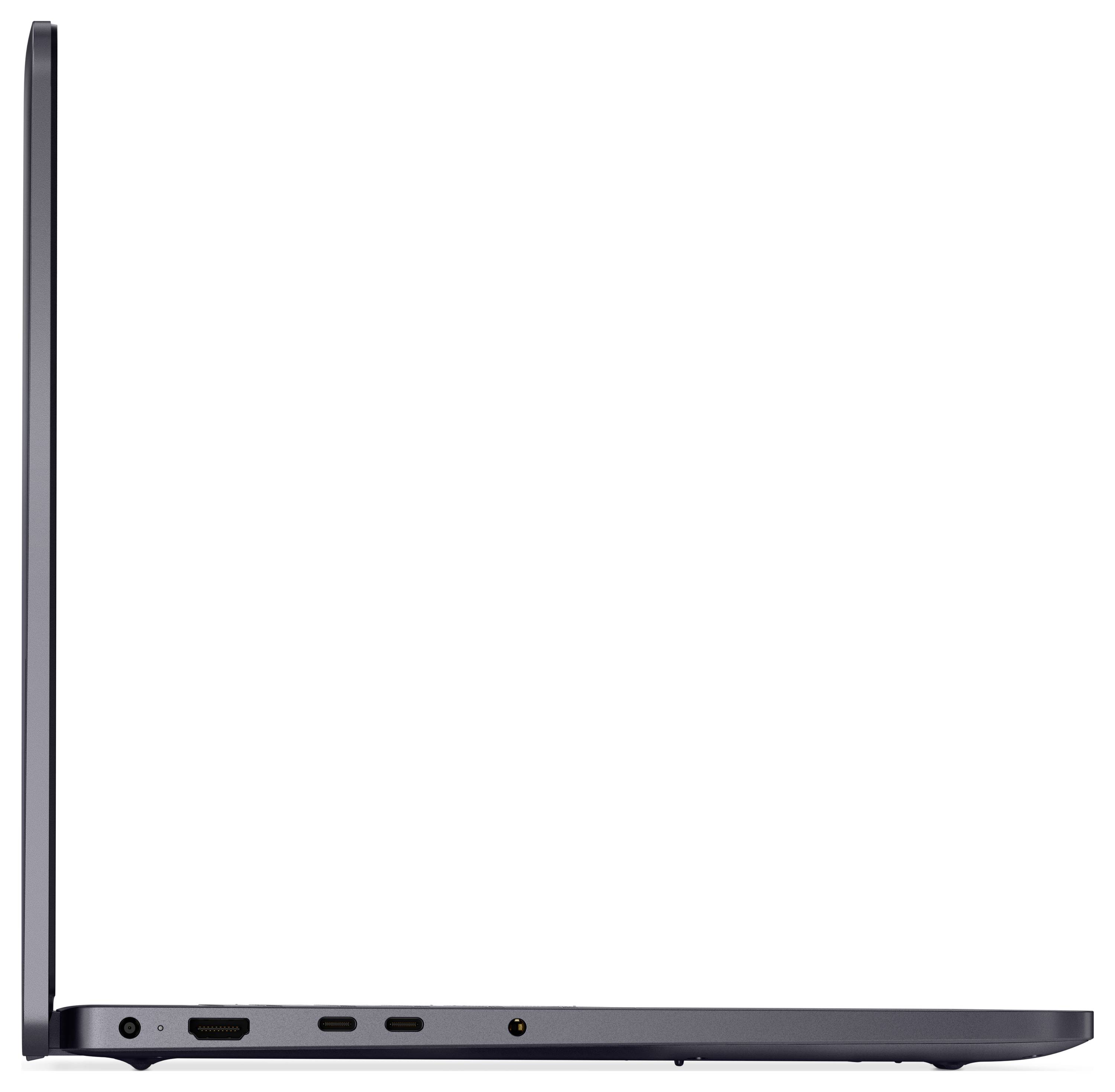 Boční pohled na otevřený laptop se zobrazenými porty včetně HDMI, USB-C a konektoru pro sluchátka. Displej je velmi tenký a mírně naklopený do otevřené polohy.