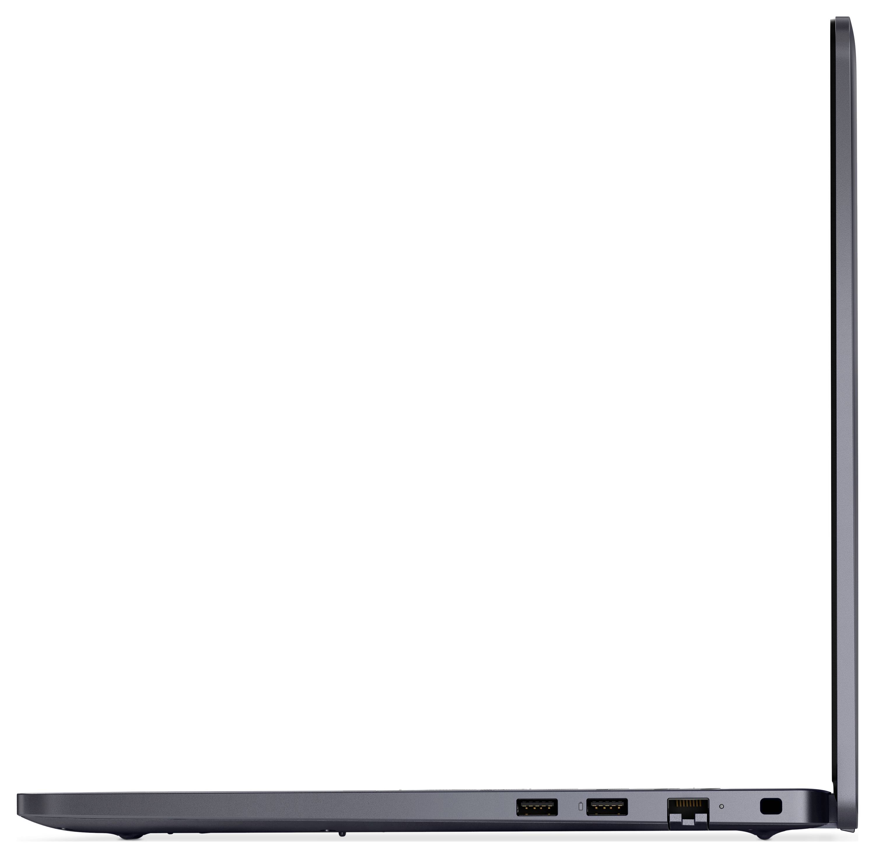 Elegantní otevřený notebook pohledán ze strany, zobrazující dva USB porty, HDMI port a Ethernet port na pravém okraji.