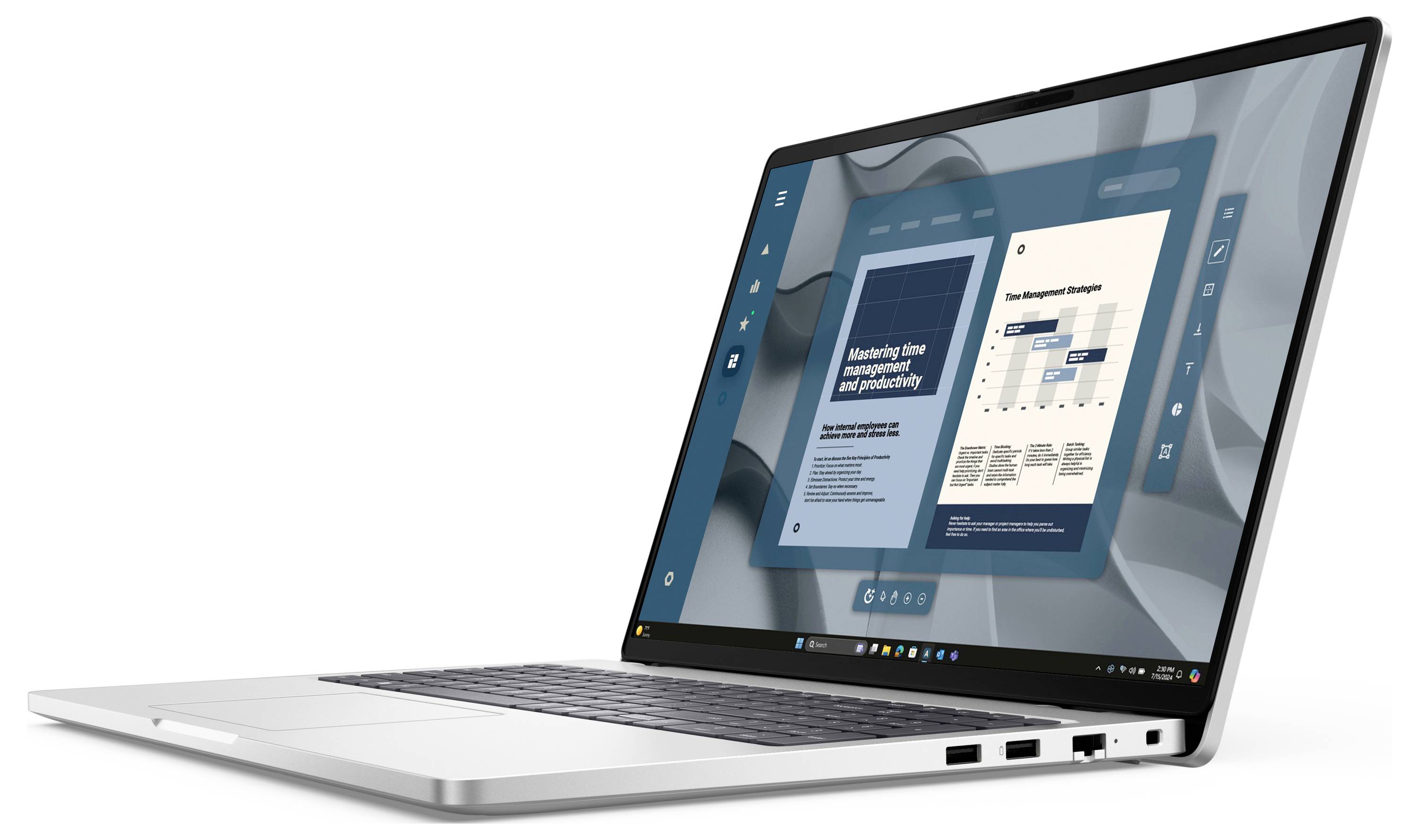 Stříbrný notebook zobrazující digitální uživatelské rozhraní s grafem správy času na obrazovce, naznačující zaměření na produktivitu.