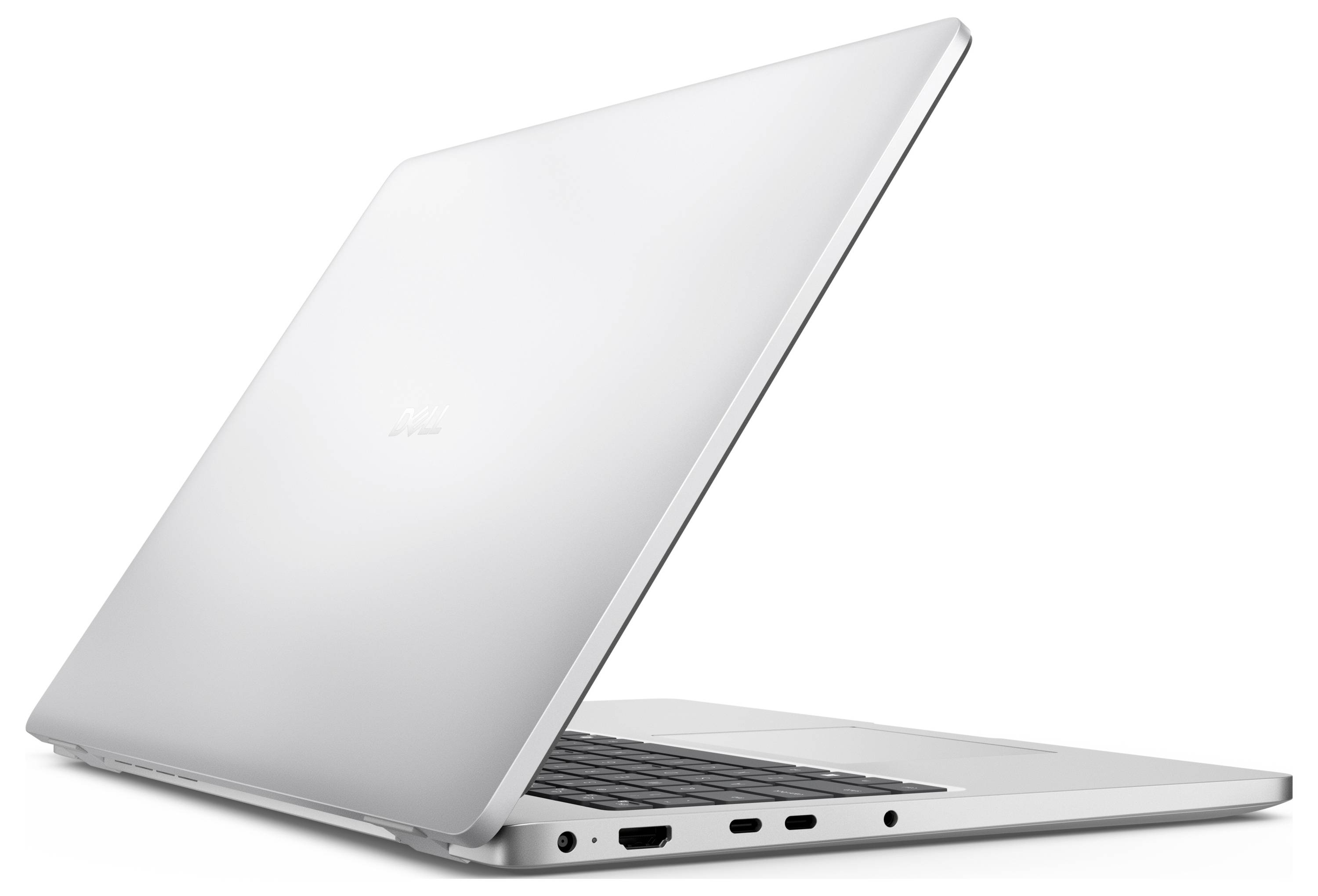 Elegantní stříbrný notebook částečně zavřený, který vykazuje štíhlý design s viditelnými porty na straně.