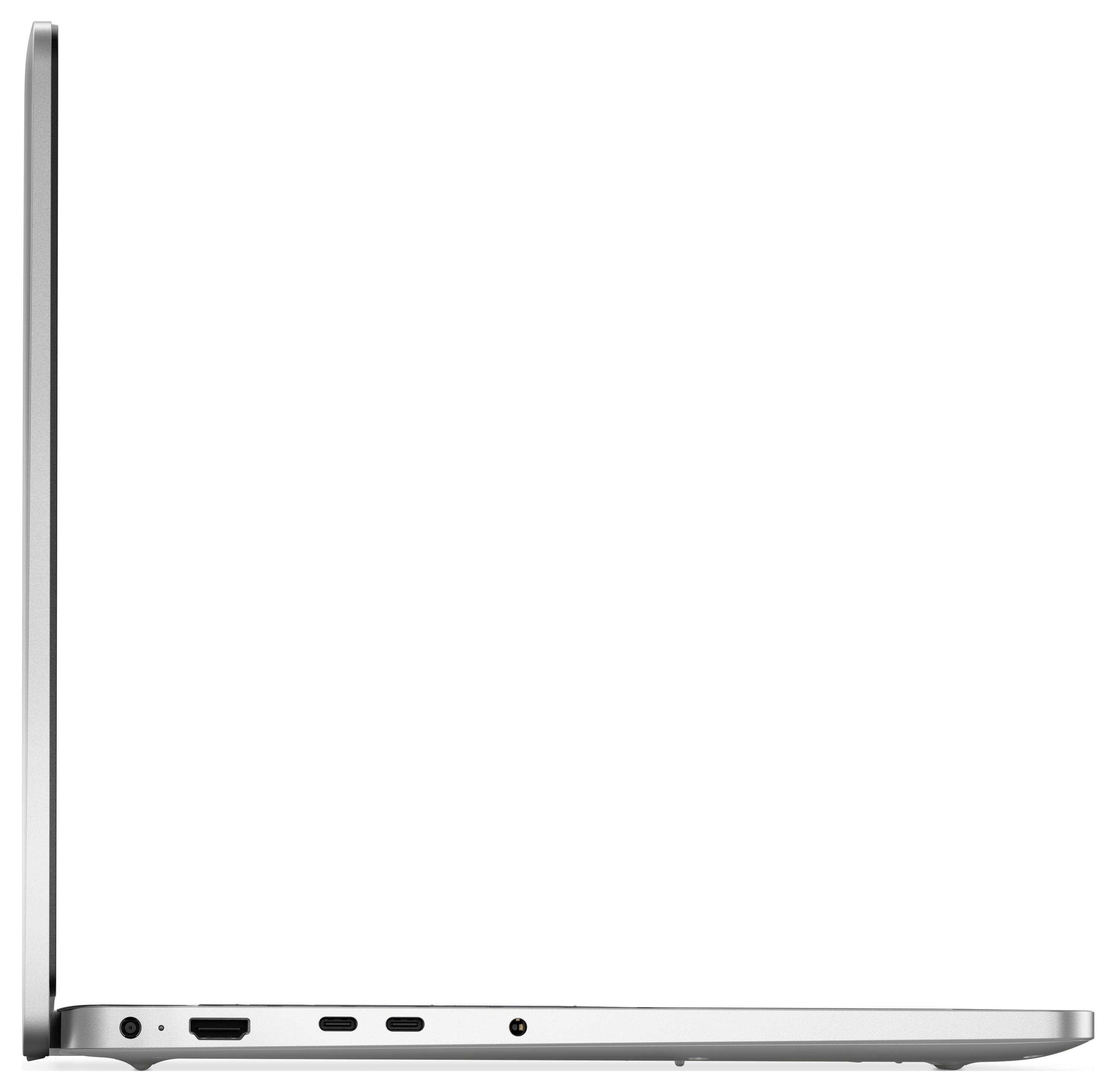 Boční pohled na štíhlý otevřený laptop zobrazující porty včetně USB-C a HDMI, zvýrazňující jeho elegantní design a možnosti připojení.