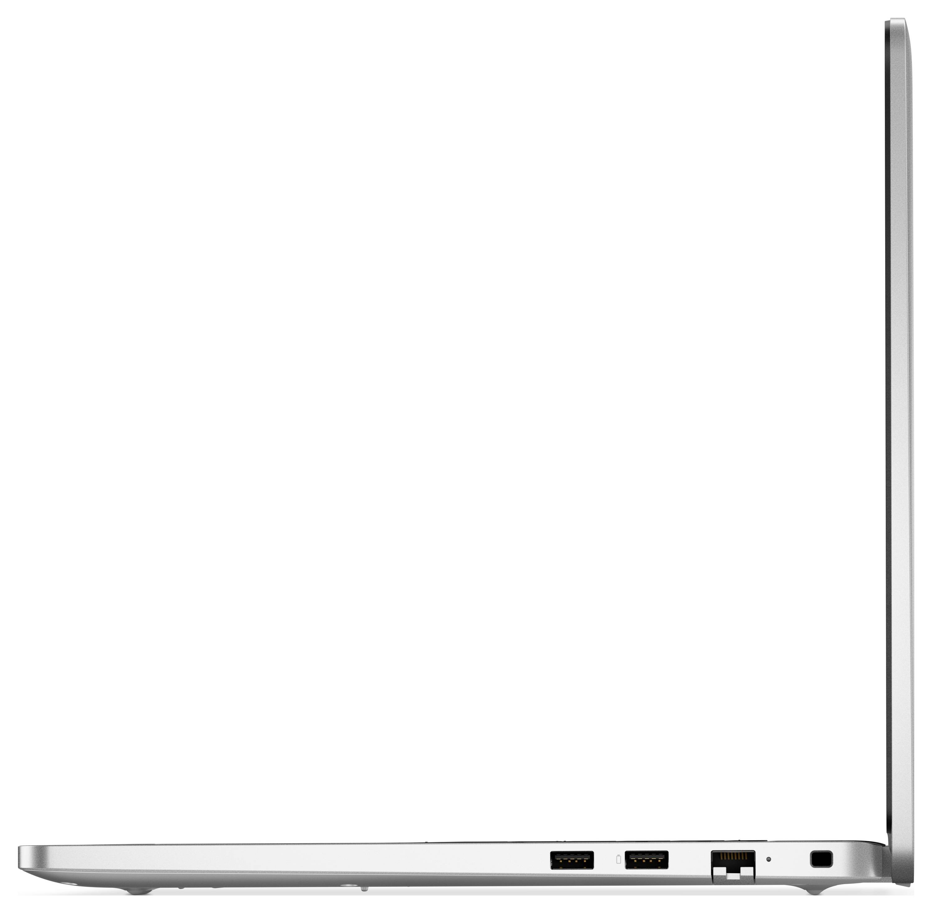 Štíhlý, elegantní stříbrný laptop je otevřen do boku, ukazující více portů pro připojení na hraně.