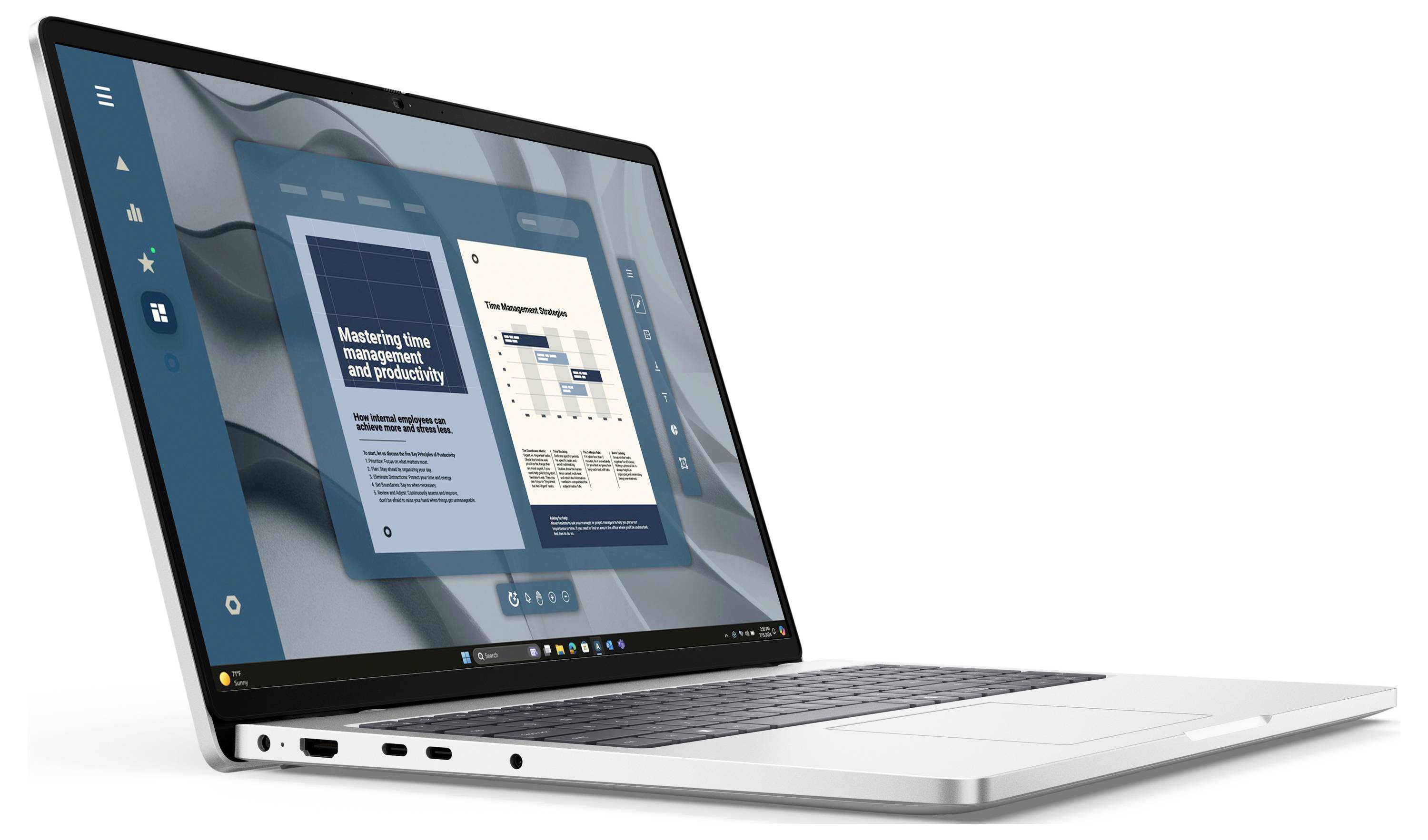Stříbrný notebook zobrazující dvě okna s dokumenty na obrazovce, jedno s názvem "Marketing a produktivita řízení" a jedno s rozložením grafu.