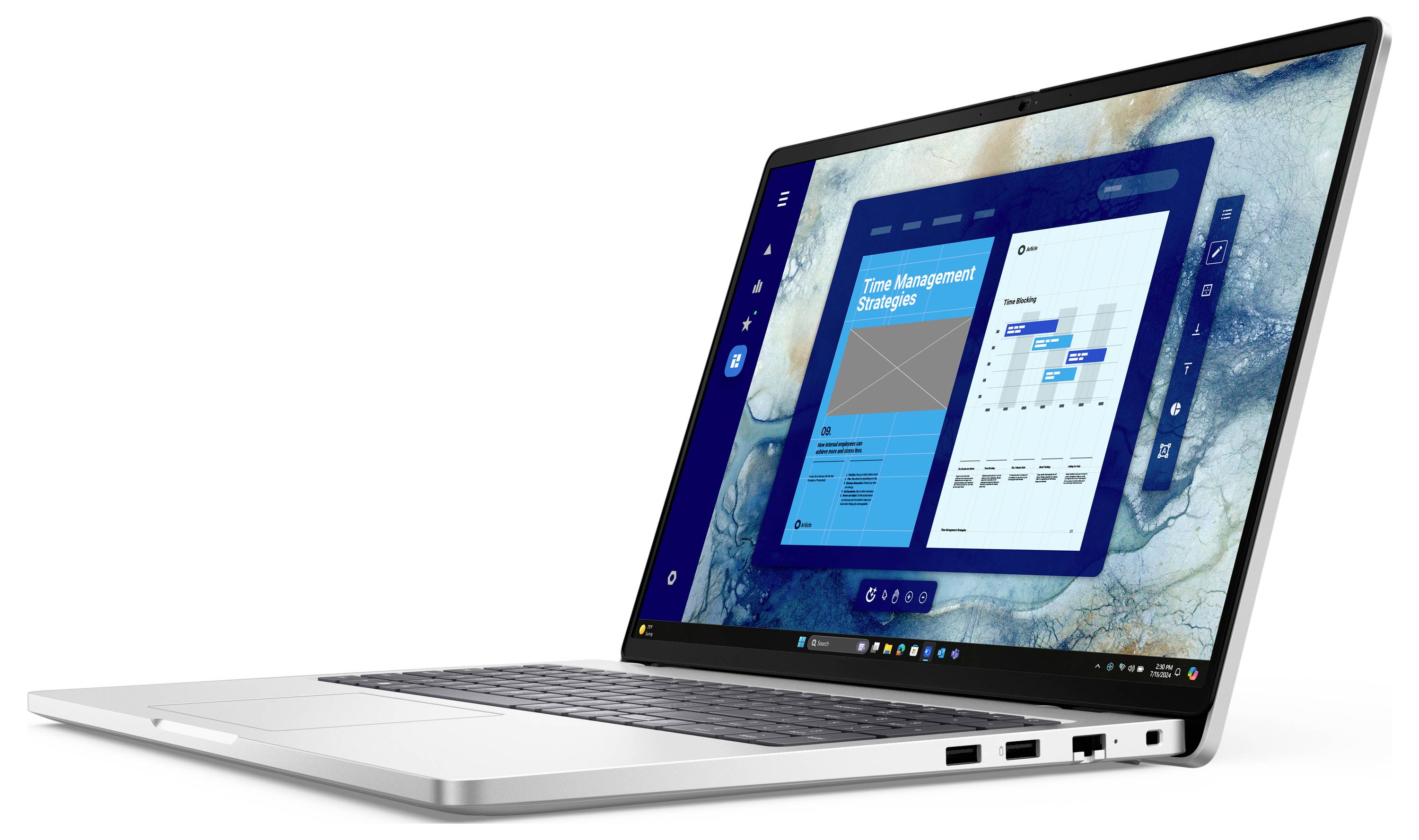 Elegantní notebook zobrazující aplikaci pro správu času s grafy a harmonogramy, umístěný na pracovní ploše s texturou mramoru.