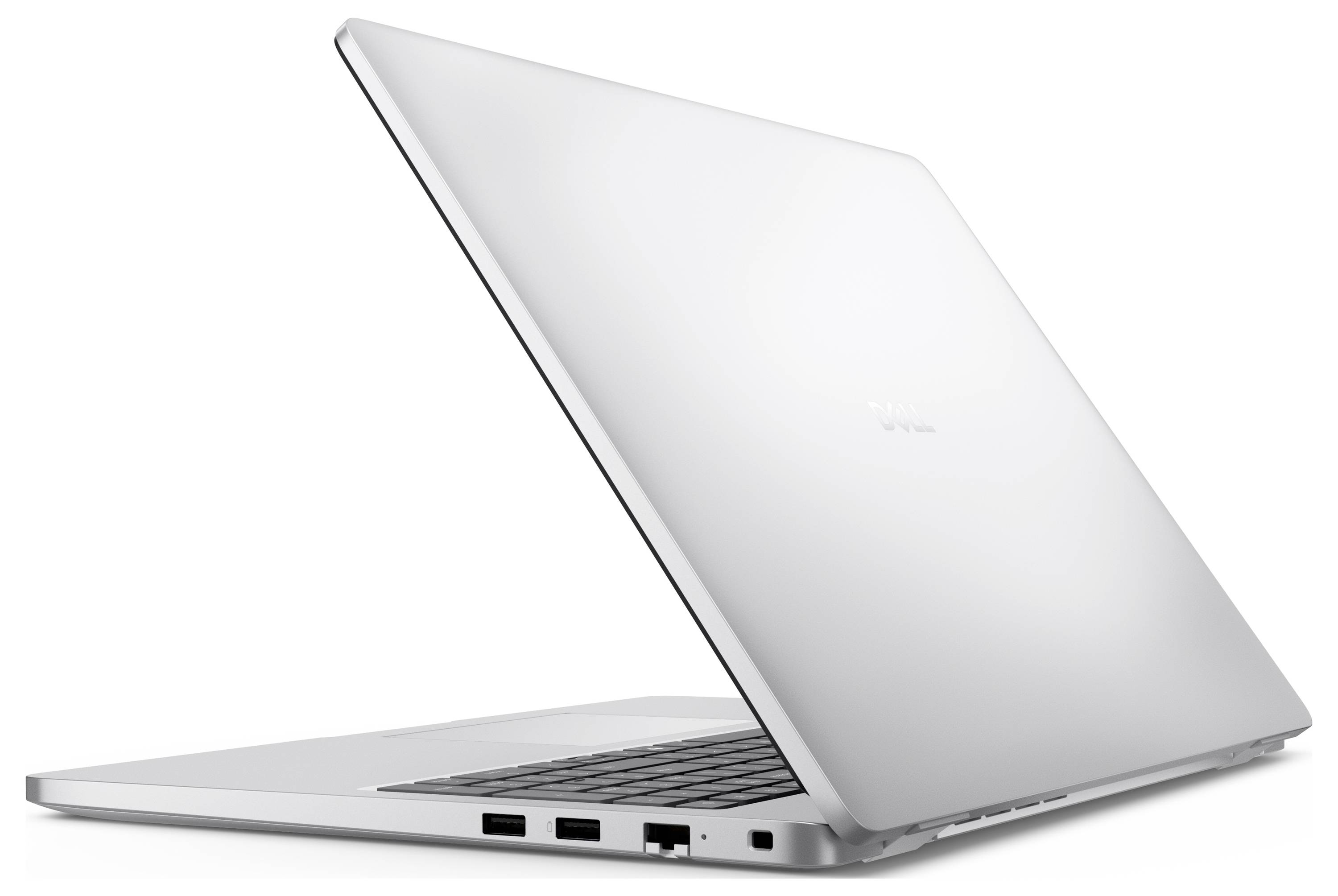 Stříbrný laptop částečně otevřený, ukazující boční porty; moderní, elegantní design.