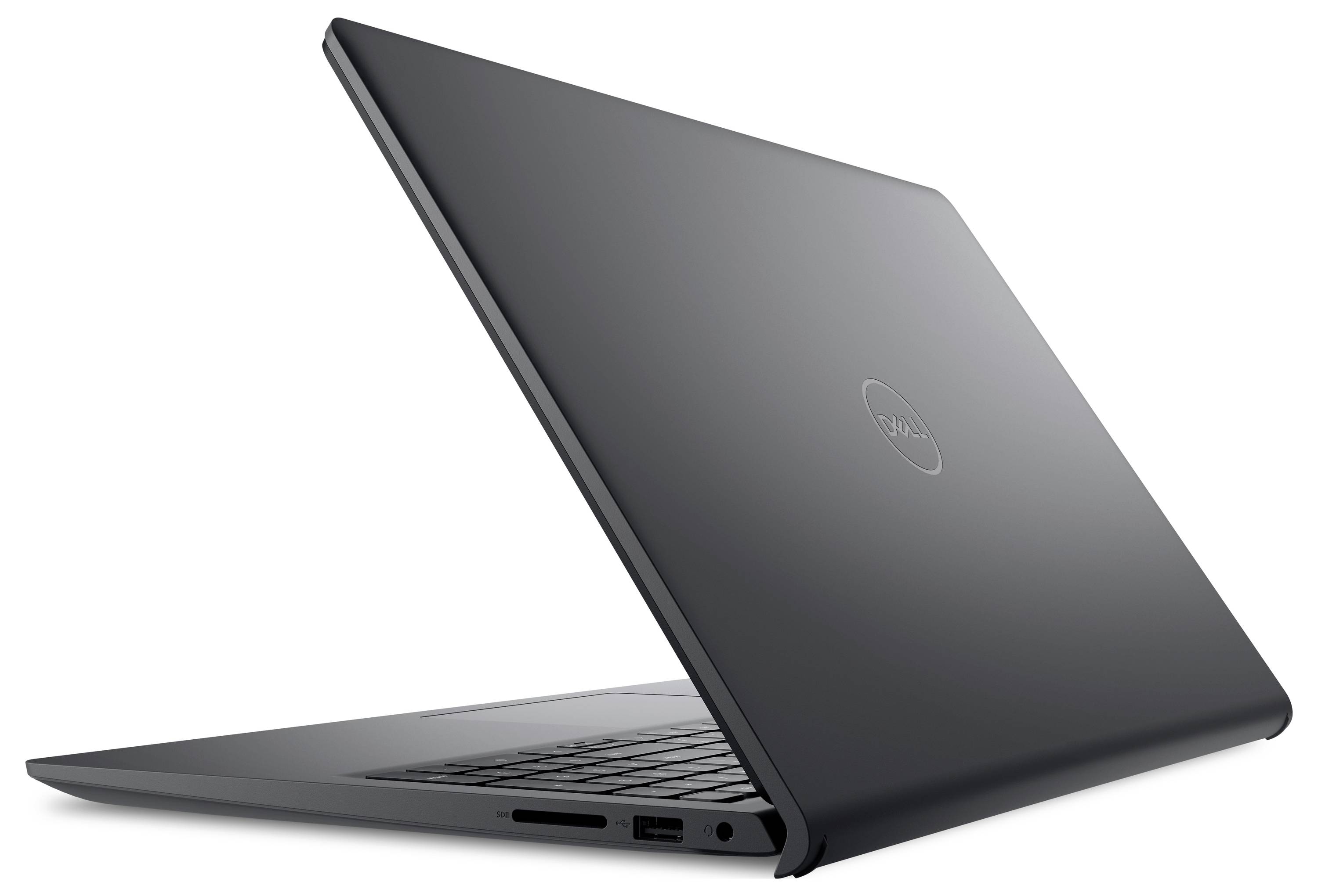 Elegantní šedý laptop lehce otevřený, na zadní straně je viditelné logo Dell. Na boku jsou viditelné porty naznačující možnosti připojení.