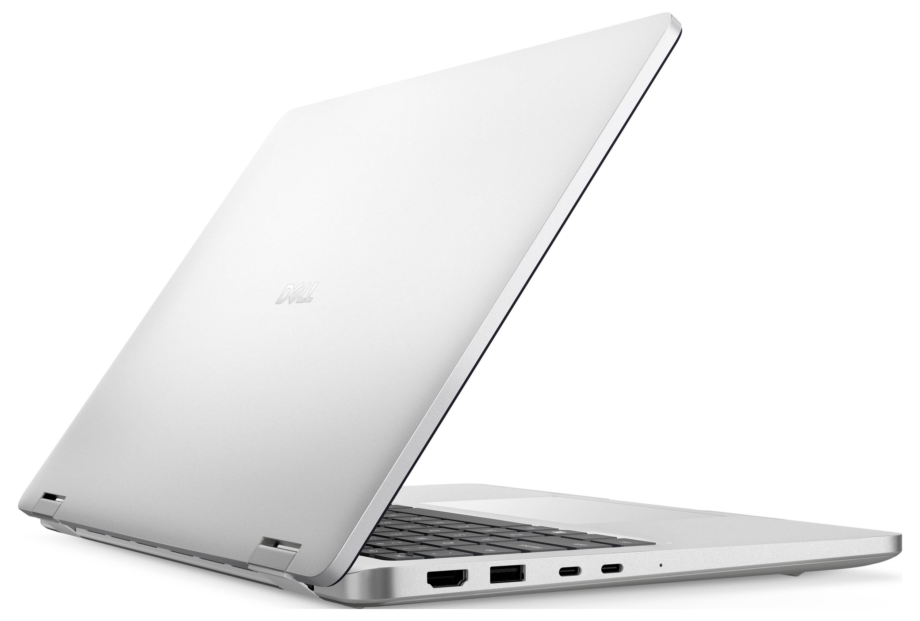 Elegantní stříbrný laptop částečně otevřený, zobrazující několik portů včetně USB a HDMI na straně, což naznačuje možnosti připojení.
