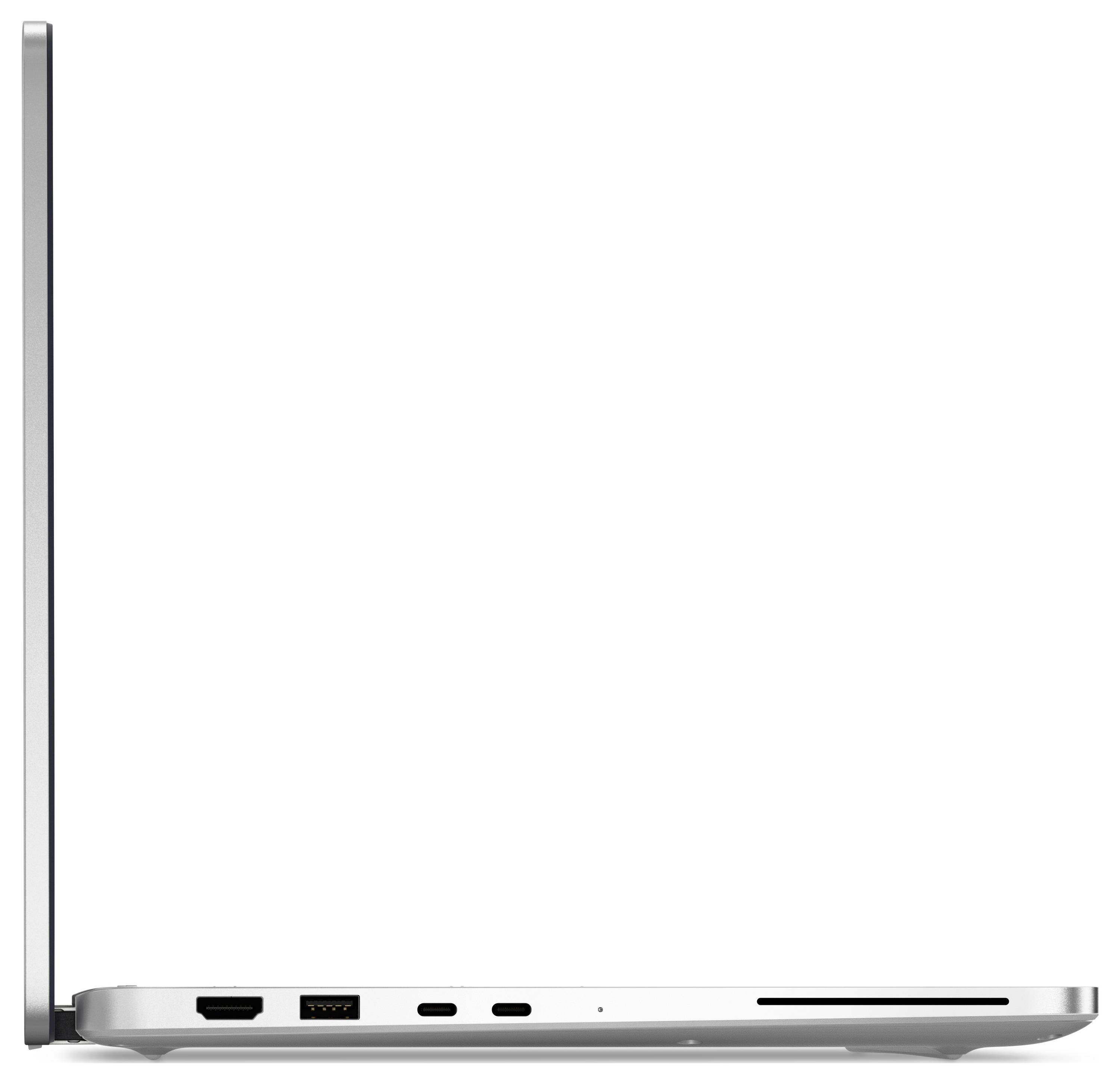 Boční pohled na otevřený notebook zobrazující porty včetně HDMI, USB-C a slotu na SD kartu. Design je elegantní a tenký.