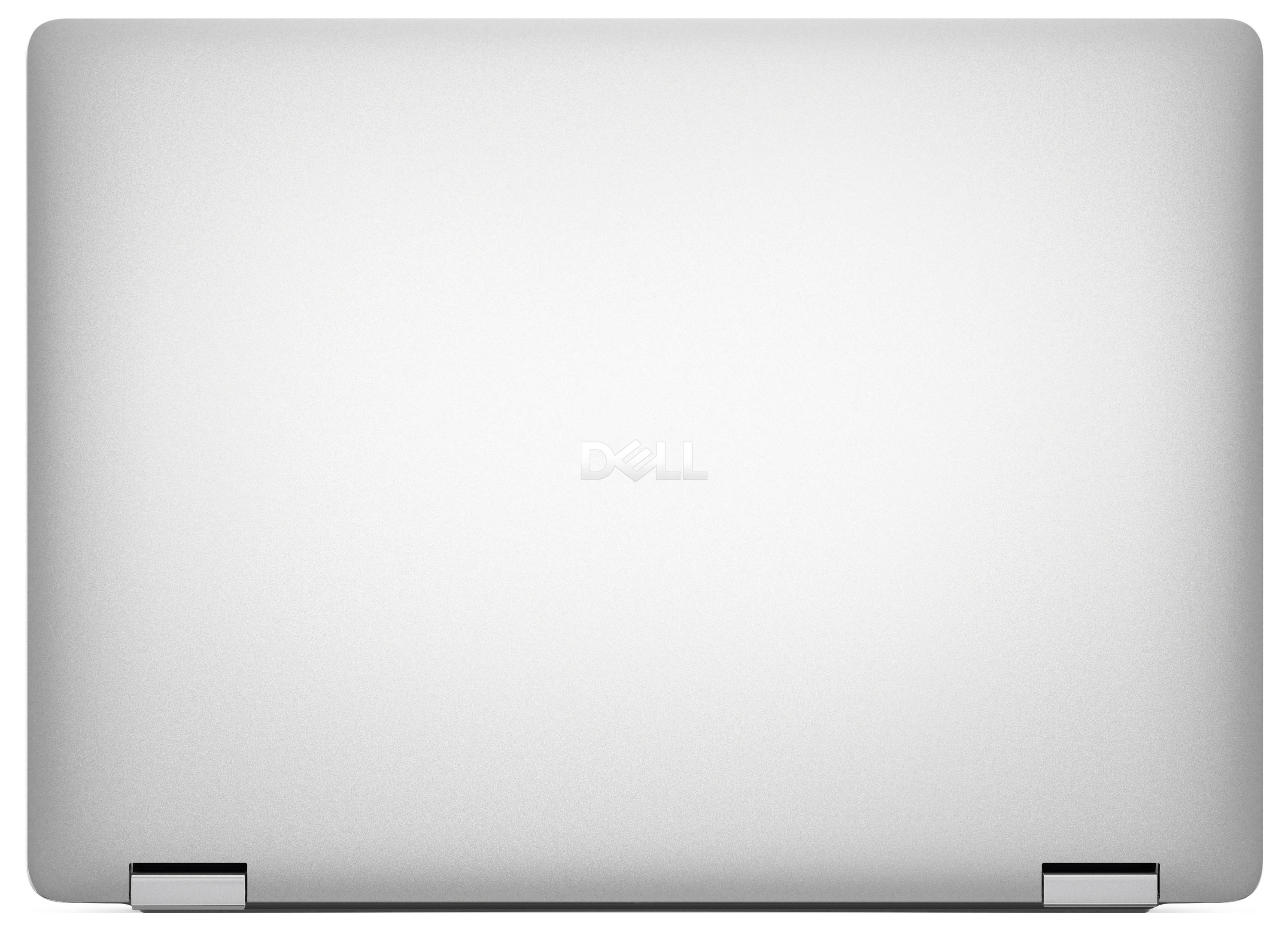 Zavřený stříbrný laptop s logem Dell uprostřed víka.