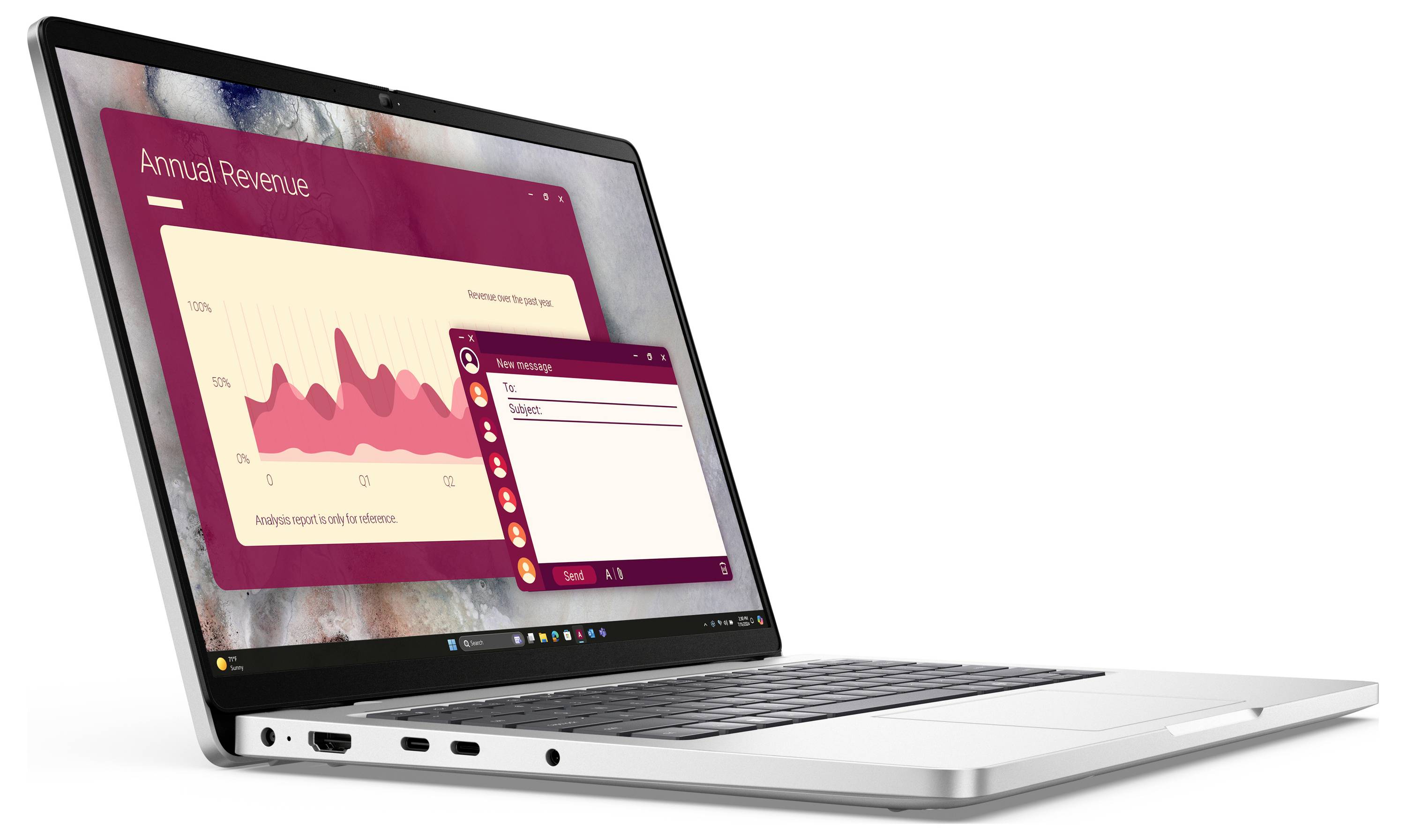 Laptop zobrazuje graf označený "Roční příjmy" s různými datovými body a vedle toho okno s návrhem e-mailu.