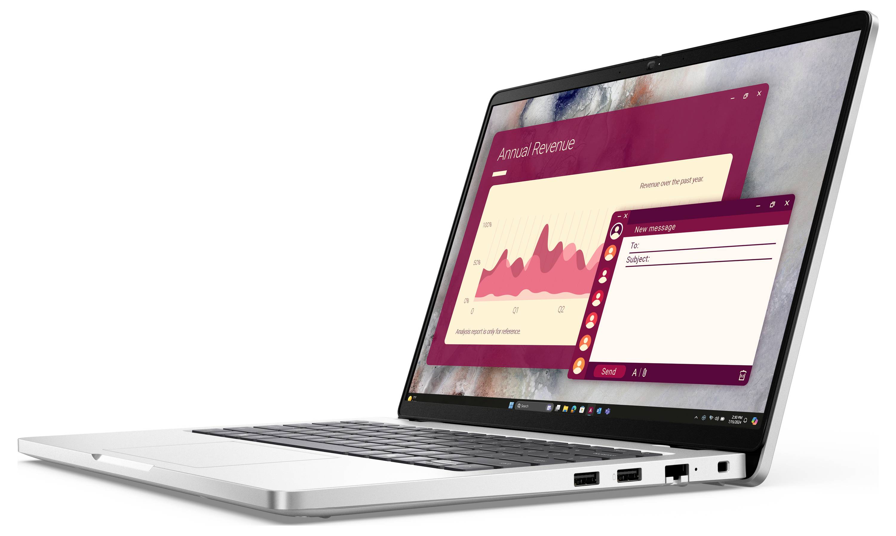 Notebook zobrazující graf "Roční tržby" s rostoucími trendy dat a návrhem e-mailu označeným "Nová zpráva" otevřeným na obrazovce.