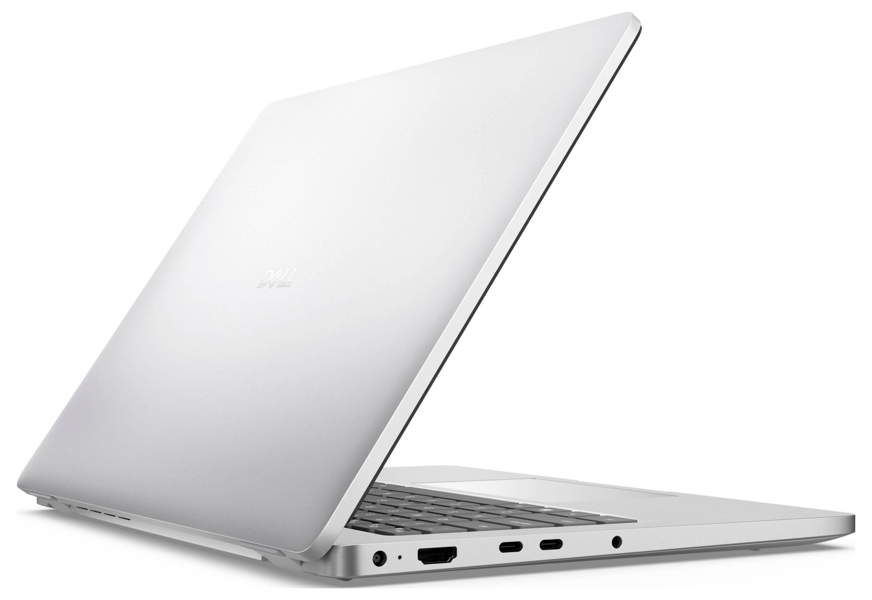 Laptop částečně otevřený, pohled ze zadní strany, zobrazující porty a okraj klávesnice.
