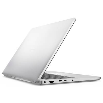 Laptop částečně otevřený, pohled ze zadní strany, zobrazující porty a okraj klávesnice.