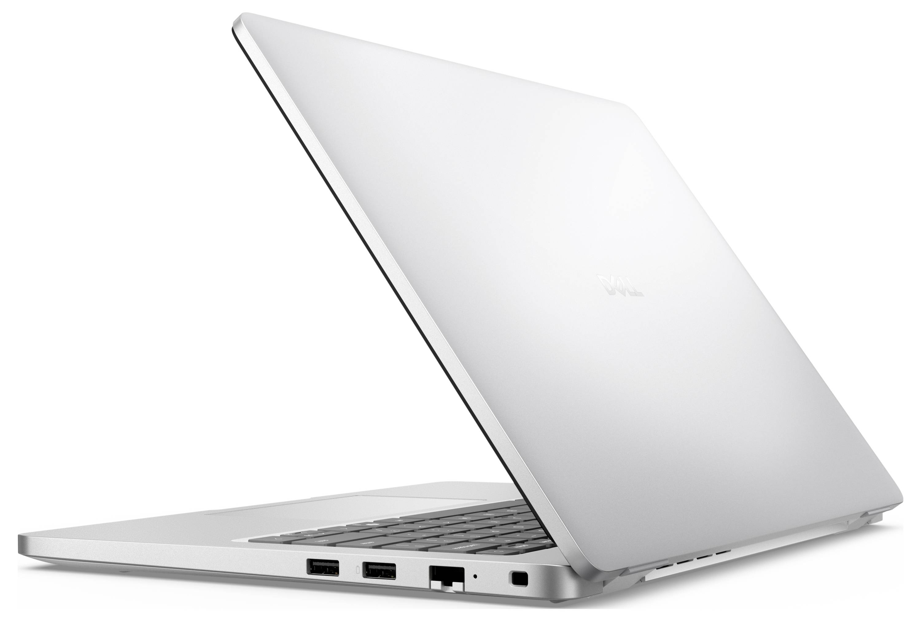 'Stříbrný laptop zobrazený ze strany, ukazující porty a částečně otevřenou obrazovku, na bílém pozadí.'