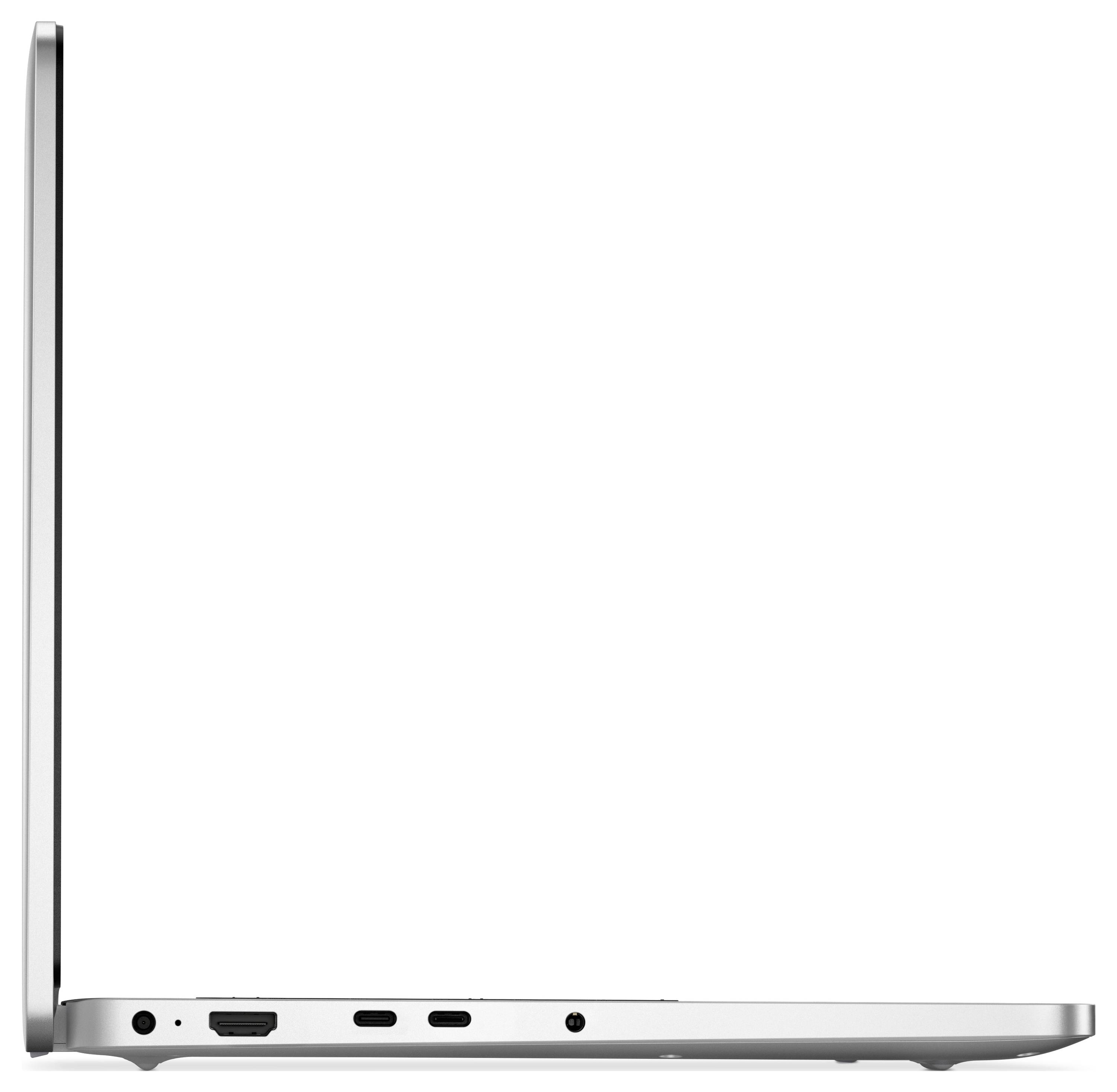 Štíhký stříbrný laptop pohledaný zleva, zobrazující porty včetně USB-C, HDMI a audio konektoru, s otevřenou obrazovkou.