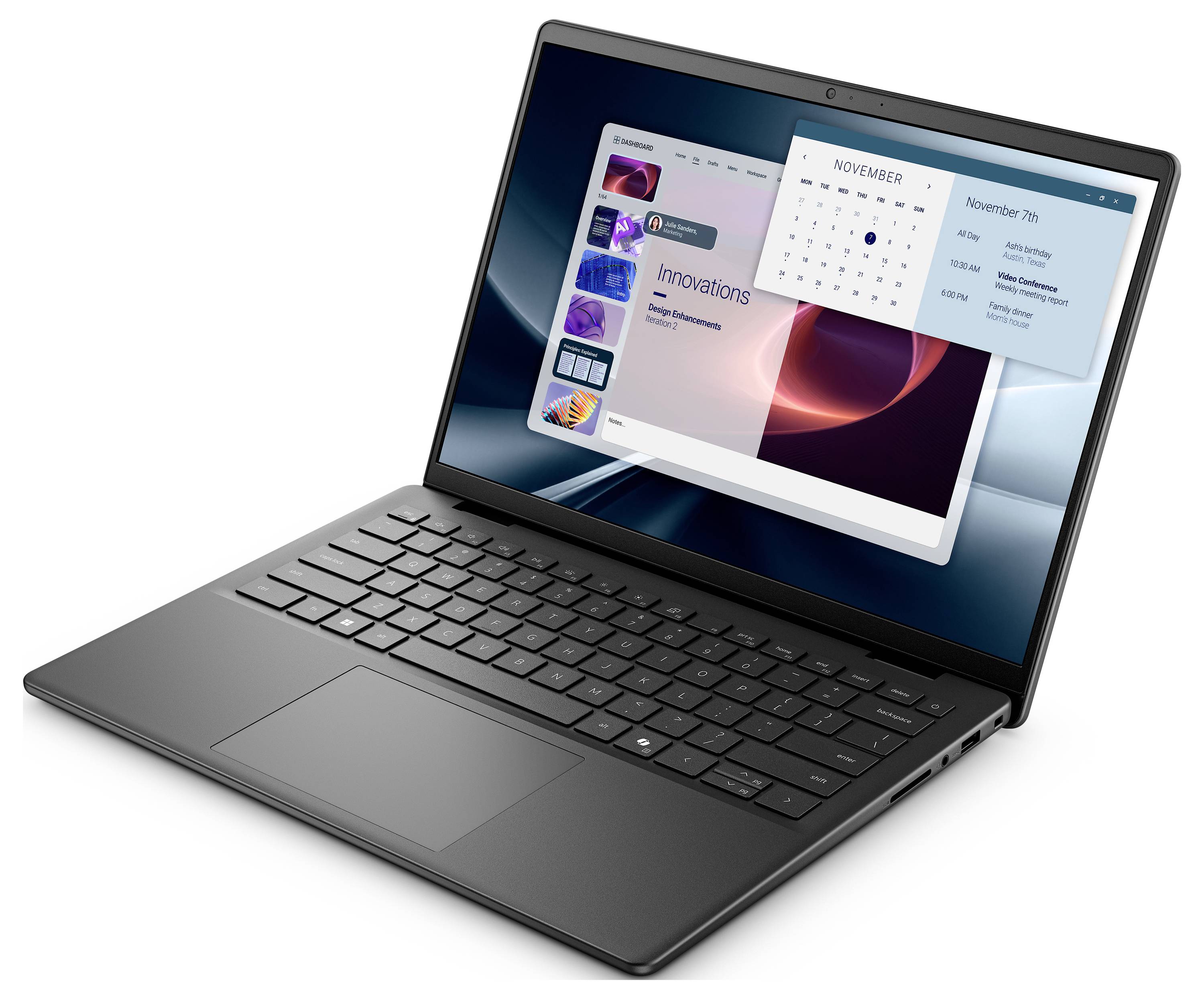 Elegantní černý notebook s otevřenou obrazovkou zobrazující moderní uživatelské rozhraní s kalendářem a aplikací "inovace".