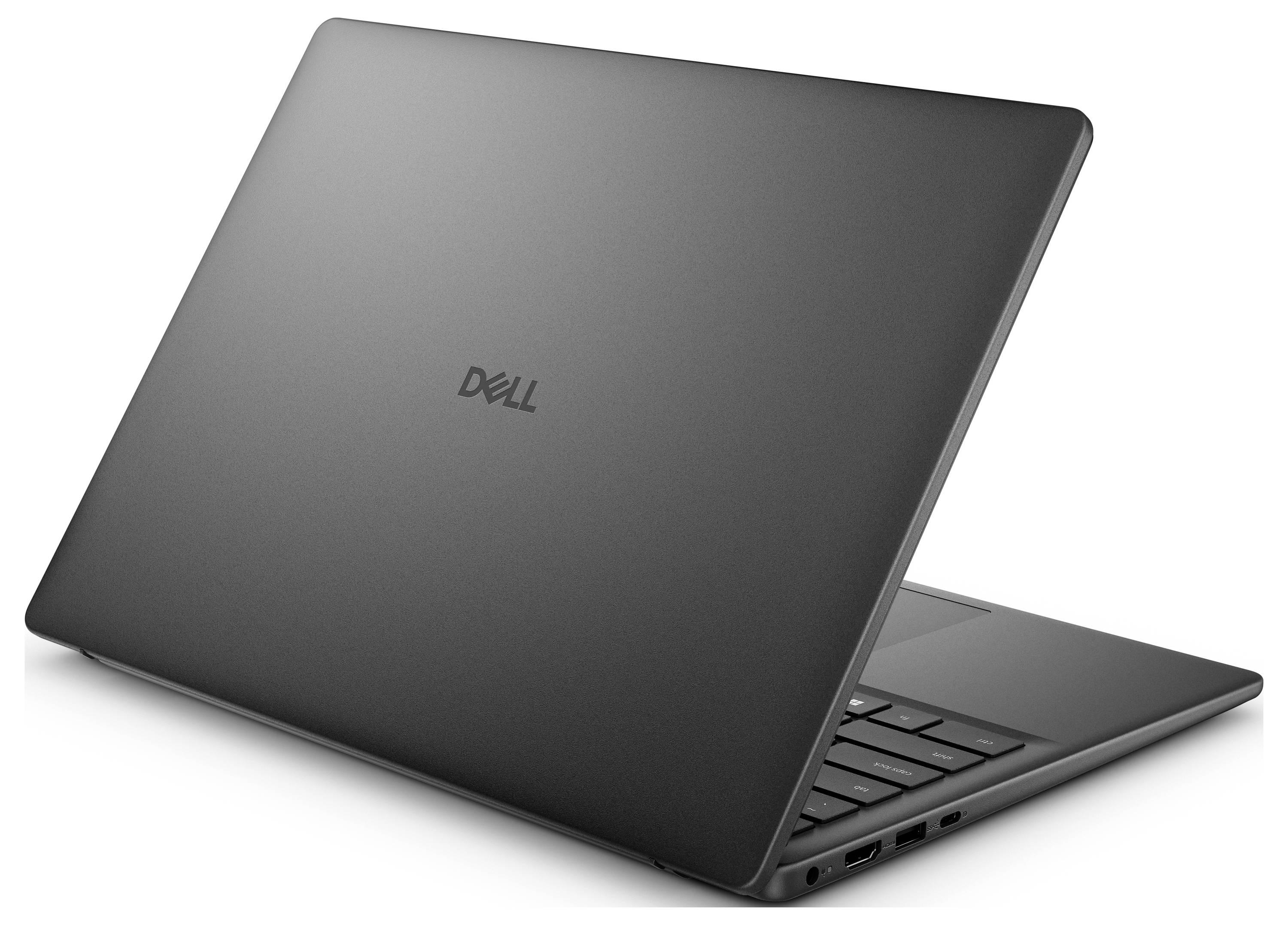 Elegantní černý laptop s logem Dell na zadní straně je částečně otevřený a ukazuje klávesnici.