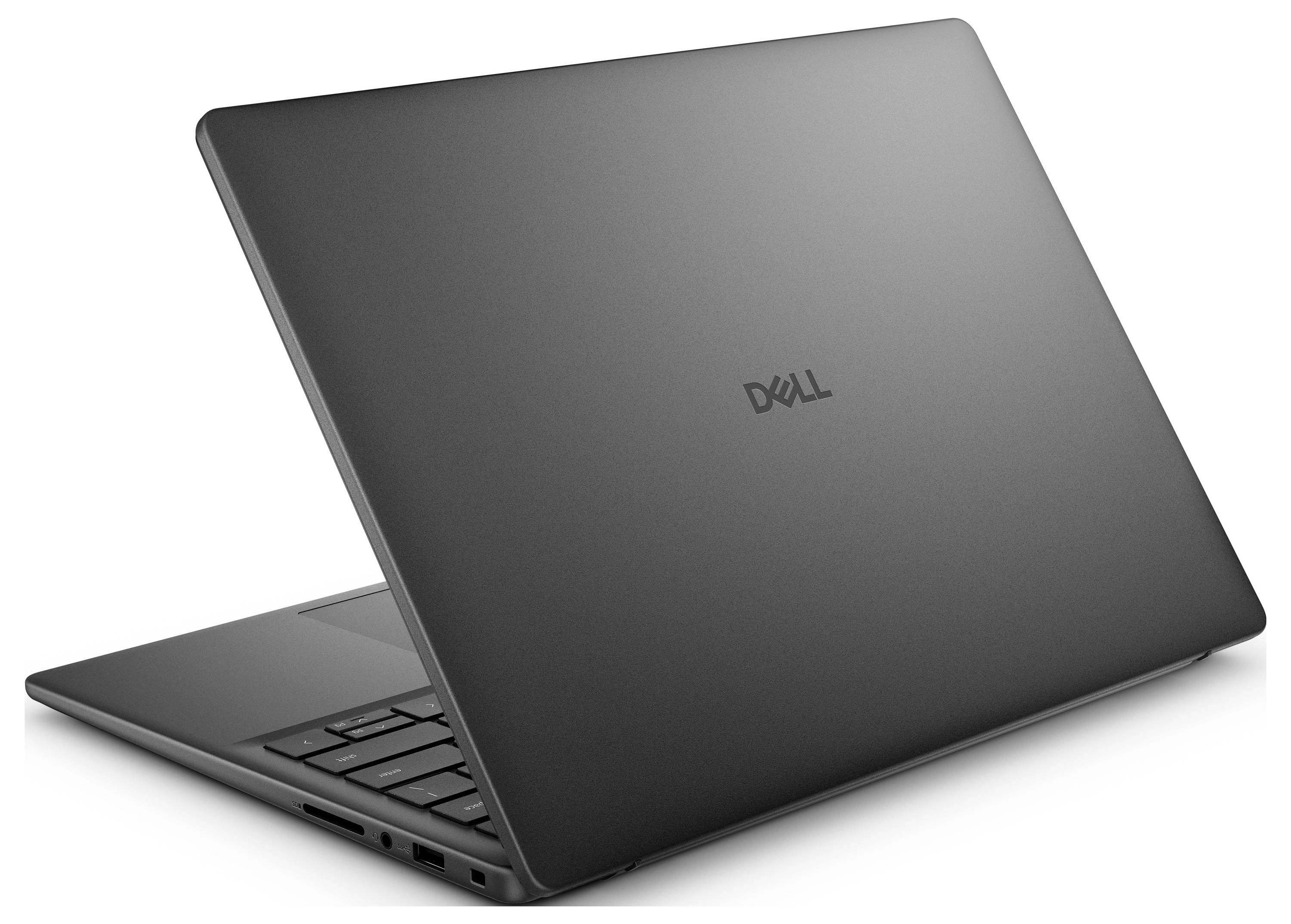 Elegantní, částečně otevřený laptop Dell fotografovaný ze strany, ukazující jeho štíhlý design a matně černý povrch.