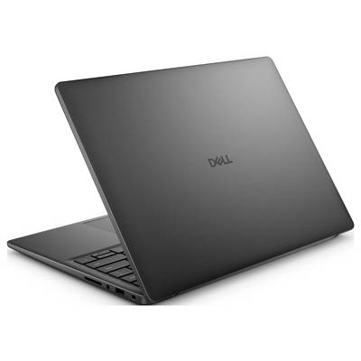 Elegantní, částečně otevřený laptop Dell fotografovaný ze strany, ukazující jeho štíhlý design a matně černý povrch.