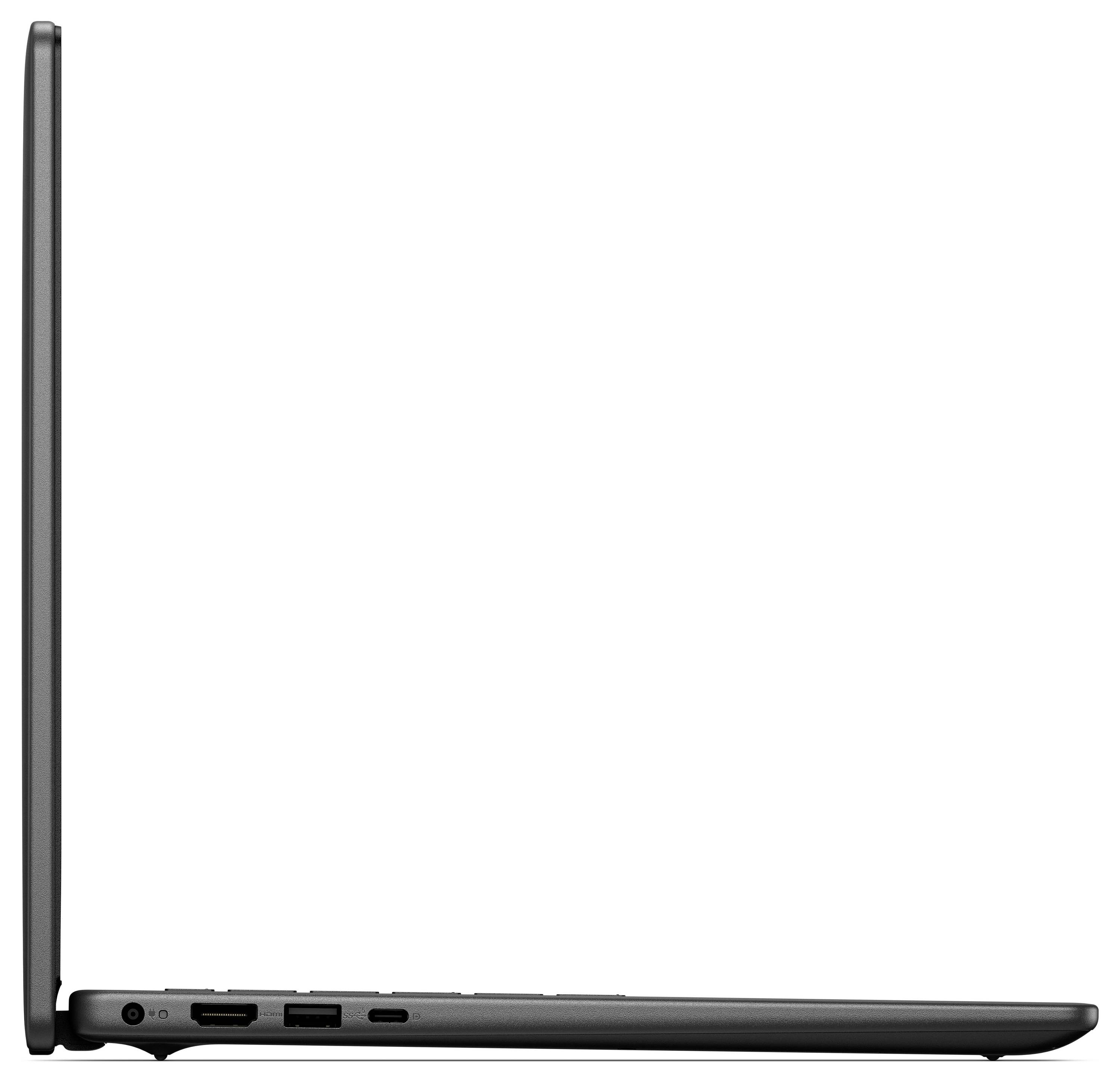 Štíhlý šedý laptop částečně otevřený, pohled ze strany. Na straně jsou viditelné porty včetně USB a HDMI. Elegantní a minimalistický design.