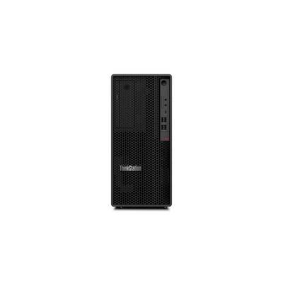 Přední pohled na černou stolní věž Lenovo ThinkStation s děrovaným předním panelem a předními porty