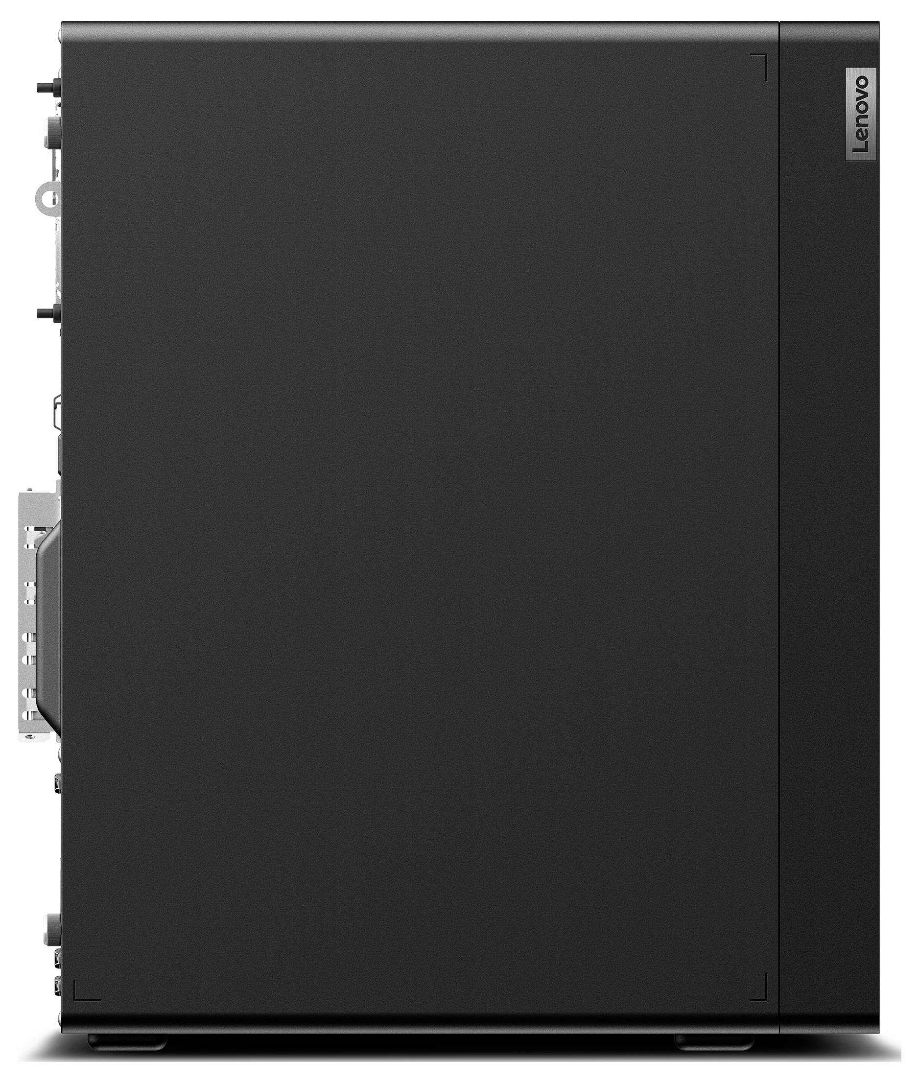 Černá stolní věž Lenovo zobrazená ze strany, ukazující jednoduchou obdélníkovou skříň počítače s logem Lenovo na přední hraně.