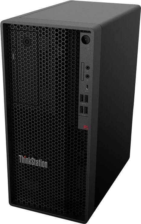 Černá stolní počítačová věž s ventilací na přední straně, zobrazující logo "ThinkStation" v levém dolním rohu.