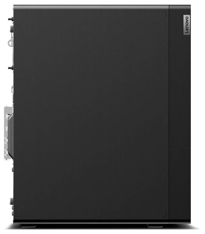 Černá počítačová věž Lenovo s minimalistickým designem a viditelným umístěním bočních portů.