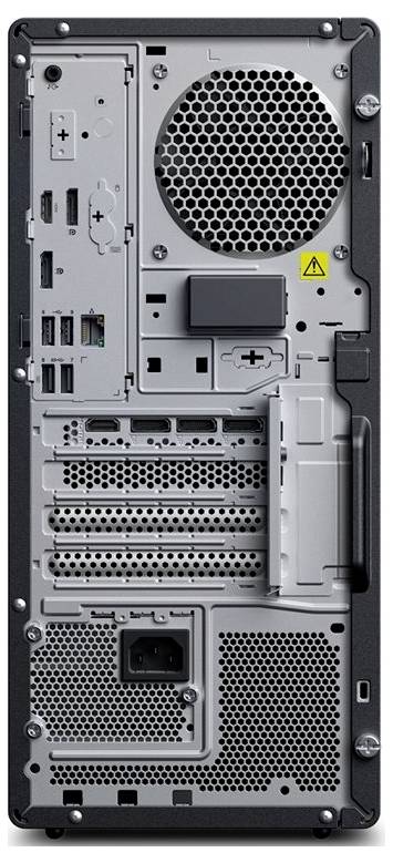 Zadní panel počítačové věže s více porty, včetně USB, HDMI a Ethernetu, s ventilačními otvory a zásuvkou napájení.