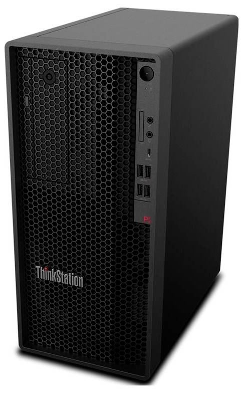 Černá stolní počítačová věž Lenovo ThinkStation s přední ventilačním panelem, mechanikou na disky, USB porty a logem ThinkStation.