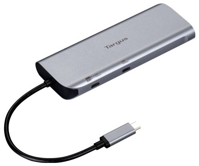 Stříbrné USB-C centrum Targus s více porty a připojeným kabelem pro připojení různých zařízení, které rozšiřuje možnosti připojení.