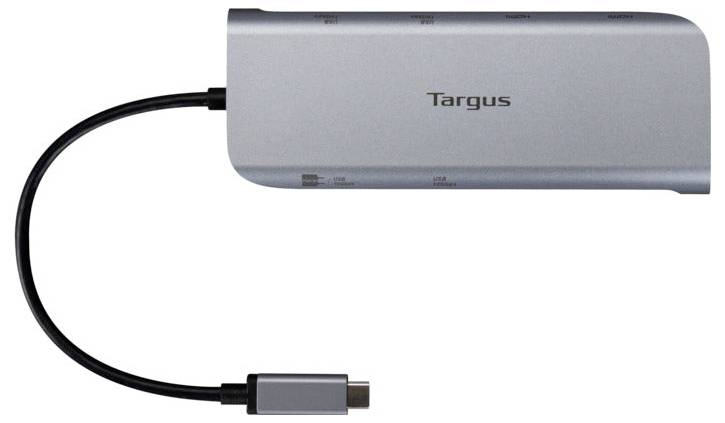 Dokovací stanice USB-C s více porty, včetně HDMI, LAN, USB-A a USB-C. Používá se pro připojení různých zařízení k počítači.