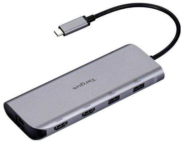 Štíhlé, stříbrné USB-C rozbočovače s více porty včetně HDMI, USB a Ethernetu, označené „Targus" na vrcholu.