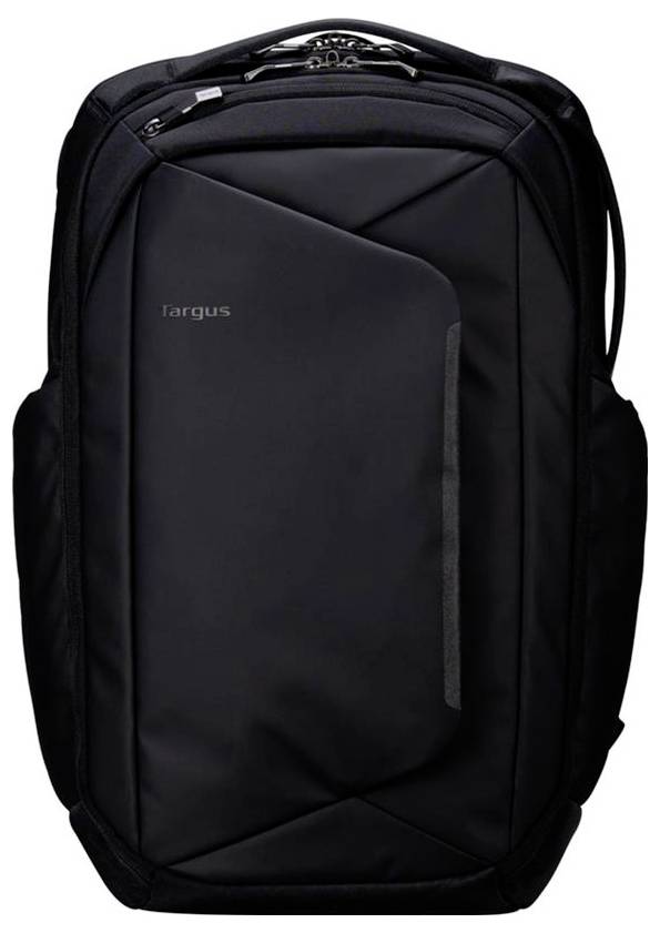 Černý batoh Targus s více přihrádkami a ergonomickým designem, vhodný pro přepravu notebooků a příslušenství.