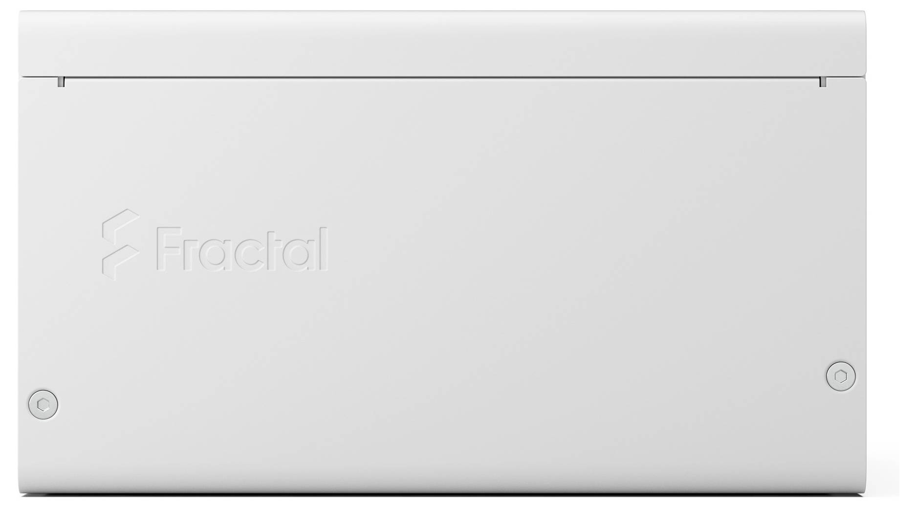 Minimalistické bílé pouzdro s vyvýšeným logem „Fractal", které se vyznačuje čistým, hladkým povrchem a dvěma šrouby v dolních rozích.