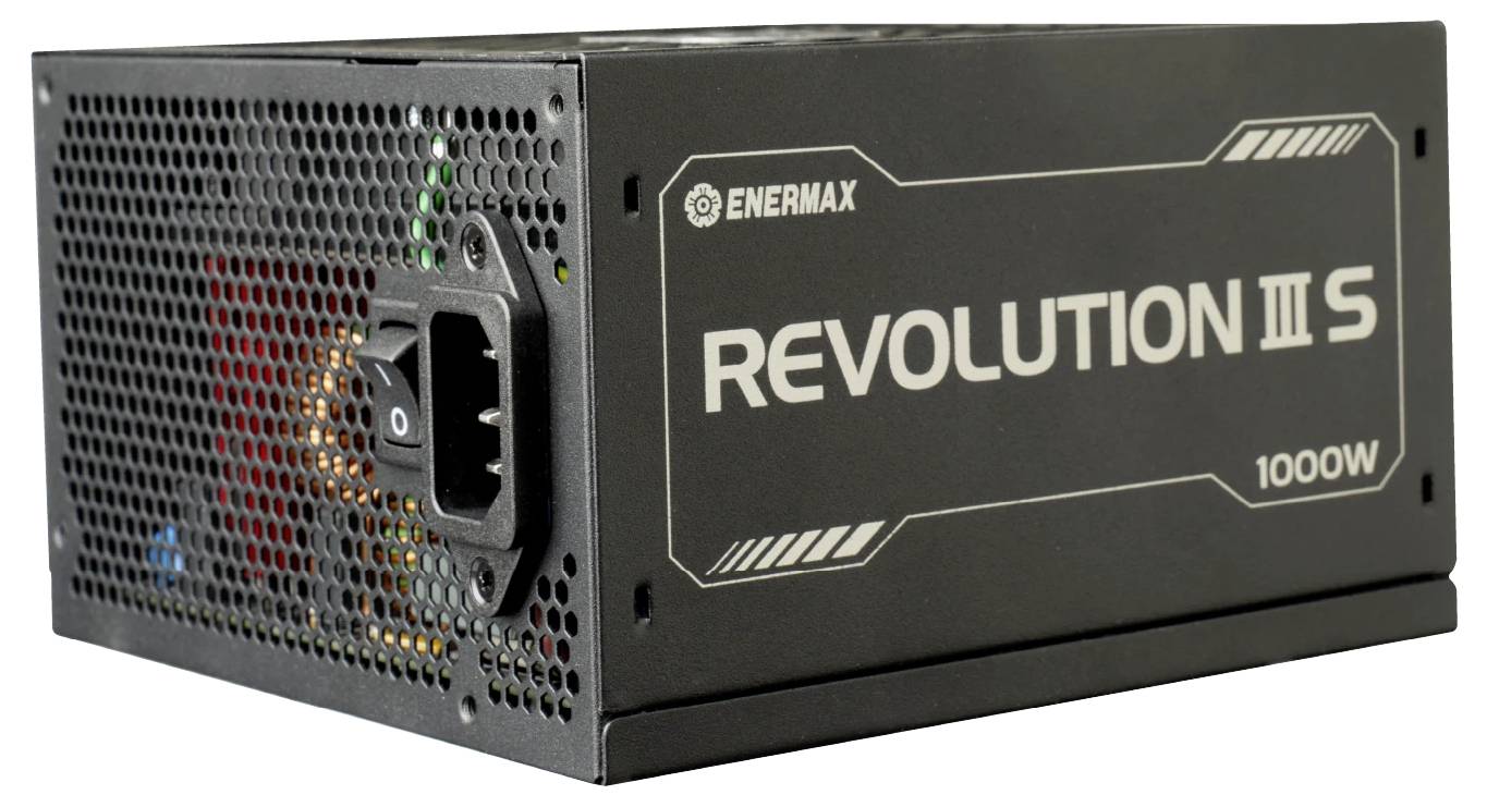 Černá jednotka počítačového zdroje Enermax Revolution III S 1000W s větraným bočním panelem a napájecí zásuvkou.